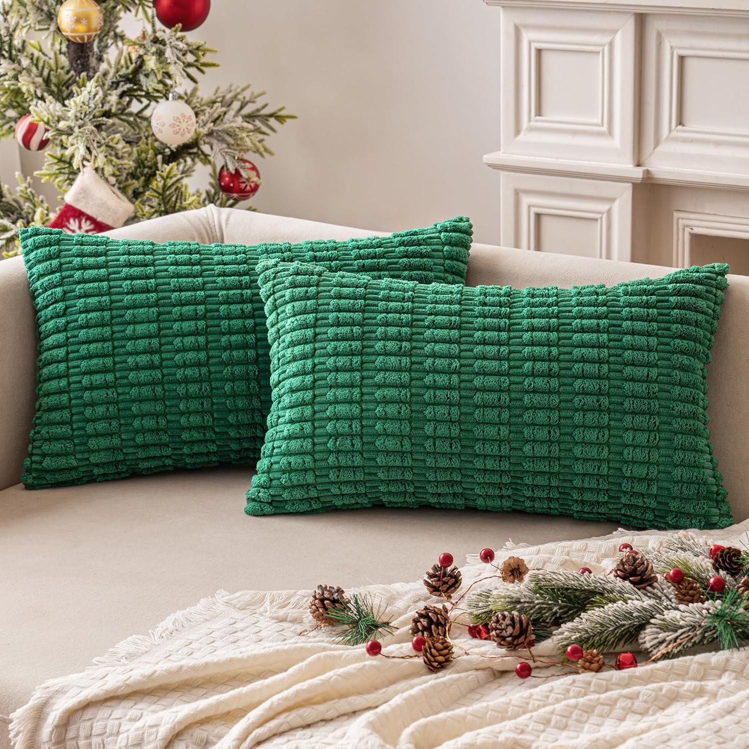imageMIULEE Pack of 2 Christmas Red Corduroy Decorative Pillow Covers 18x18 Inch Soft Boho Striped Throw Pillow Covers Modern Farmhouse Home Decor for Sofa Living Room Couch BedGreen