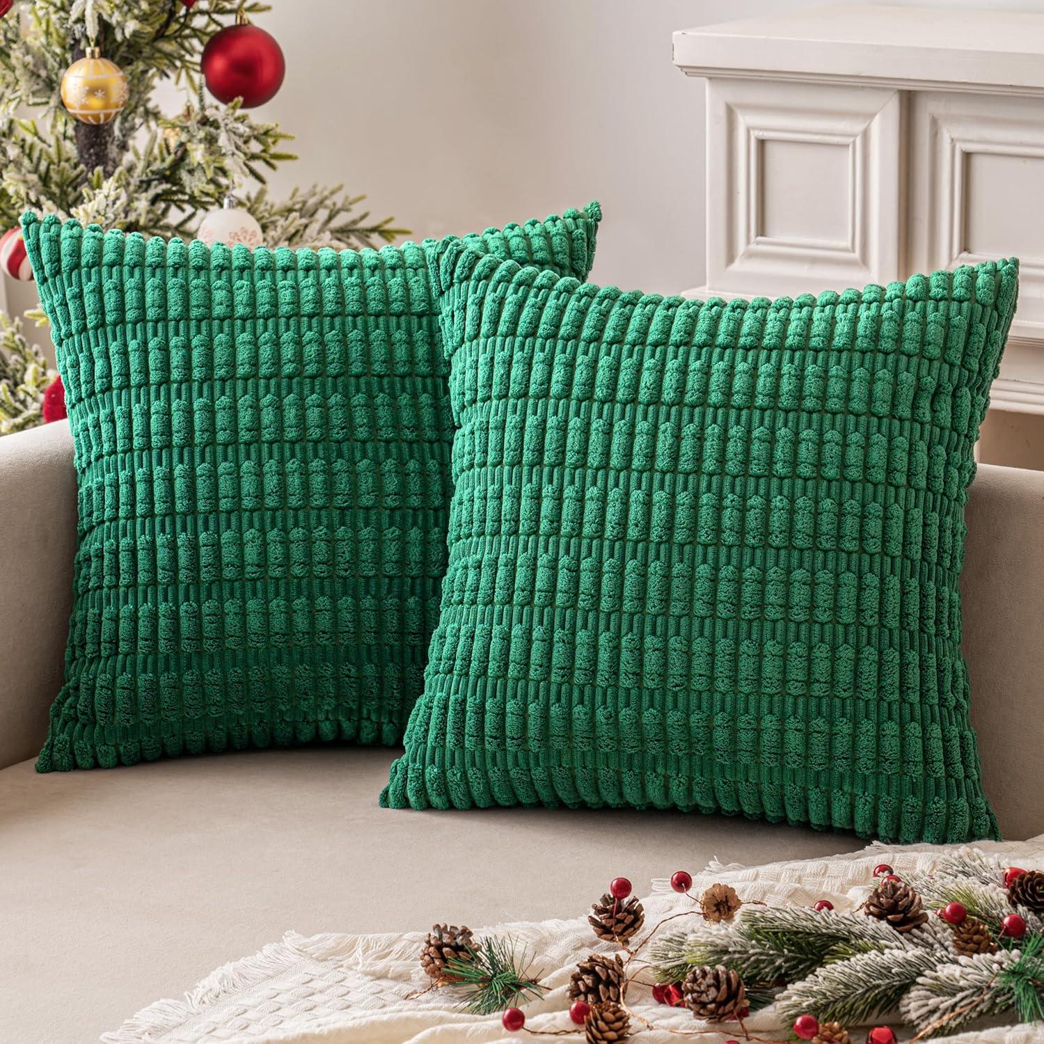 imageMIULEE Pack of 2 Christmas Red Corduroy Decorative Pillow Covers 18x18 Inch Soft Boho Striped Throw Pillow Covers Modern Farmhouse Home Decor for Sofa Living Room Couch BedGreen