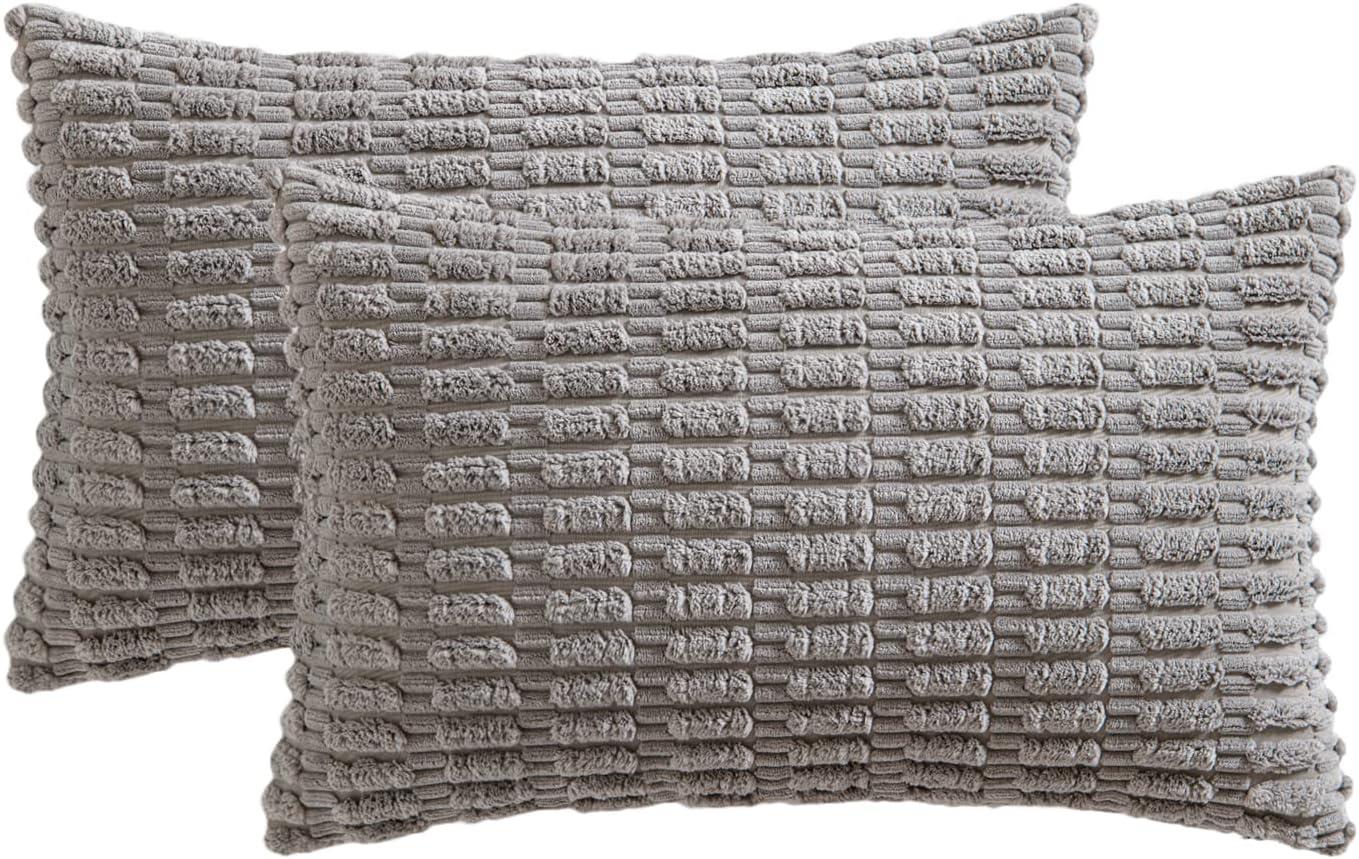 imageMIULEE Pack of 2 Christmas Red Corduroy Decorative Pillow Covers 18x18 Inch Soft Boho Striped Throw Pillow Covers Modern Farmhouse Home Decor for Sofa Living Room Couch BedLight Grey