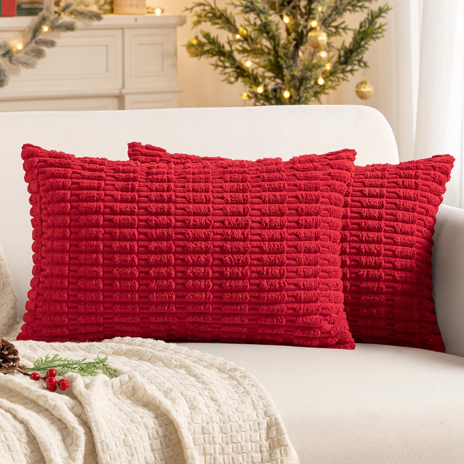 imageMIULEE Pack of 2 Christmas Red Corduroy Decorative Pillow Covers 18x18 Inch Soft Boho Striped Throw Pillow Covers Modern Farmhouse Home Decor for Sofa Living Room Couch BedRed