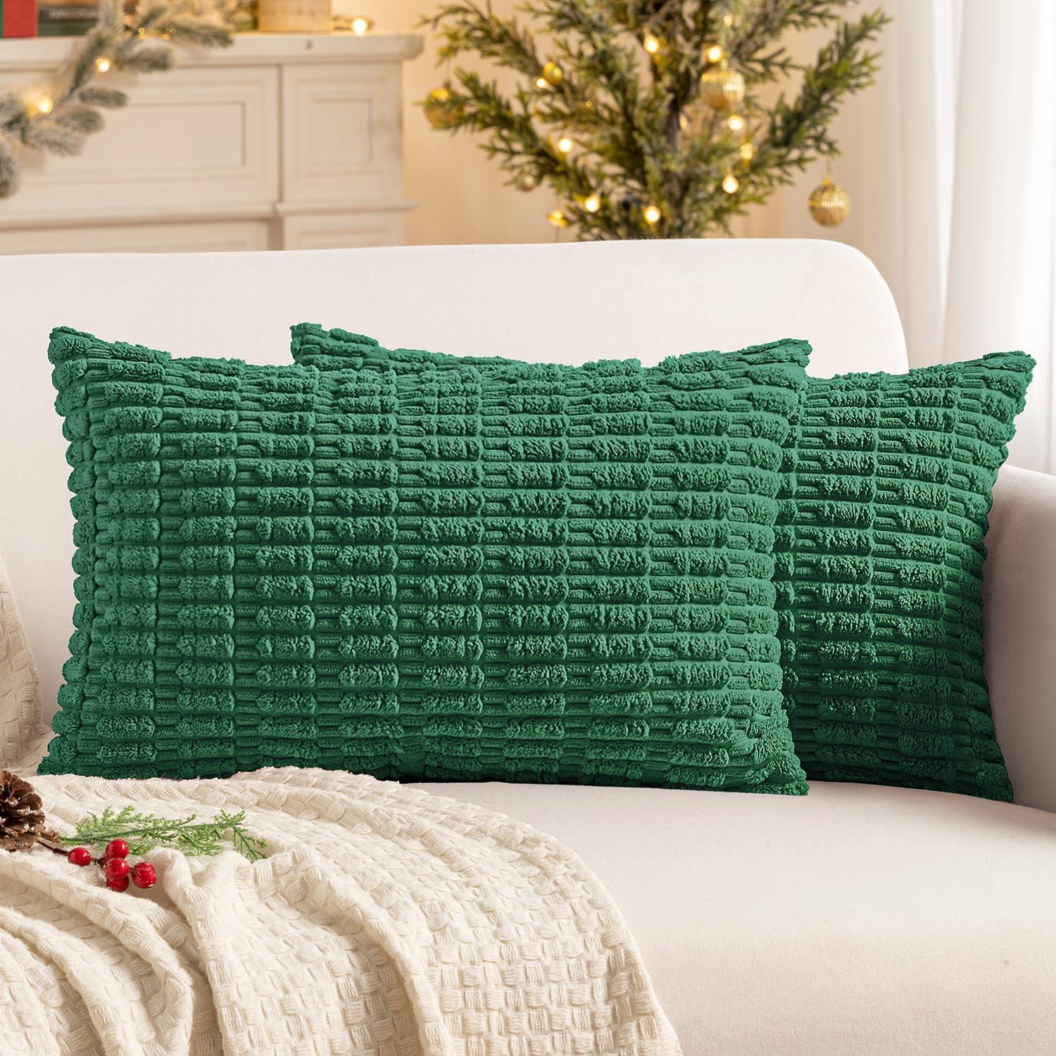 imageMIULEE Pack of 2 Christmas Red Corduroy Decorative Pillow Covers 18x18 Inch Soft Boho Striped Throw Pillow Covers Modern Farmhouse Home Decor for Sofa Living Room Couch BedGreen