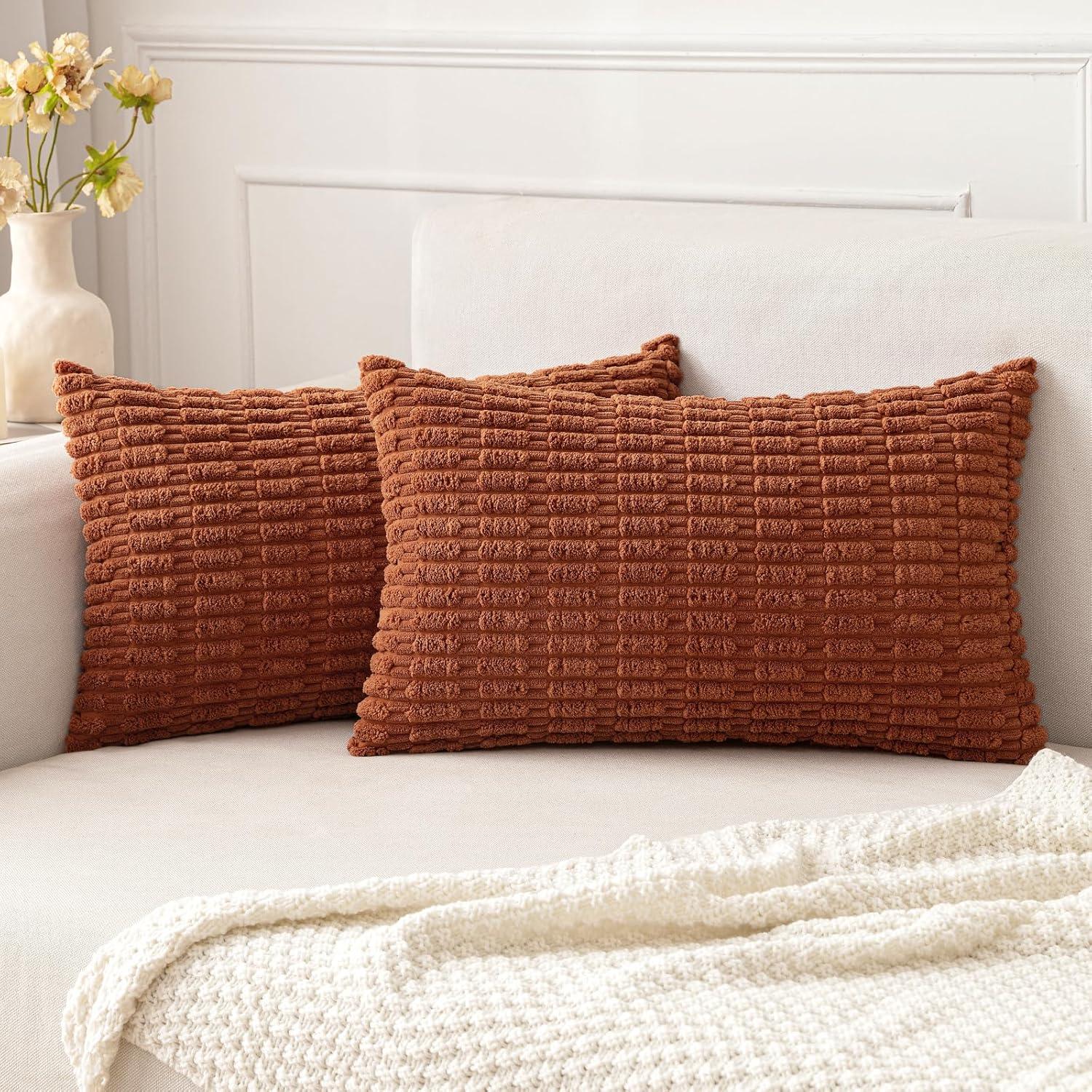 imageMIULEE Pack of 2 Christmas Red Corduroy Decorative Pillow Covers 18x18 Inch Soft Boho Striped Throw Pillow Covers Modern Farmhouse Home Decor for Sofa Living Room Couch BedDark Rust