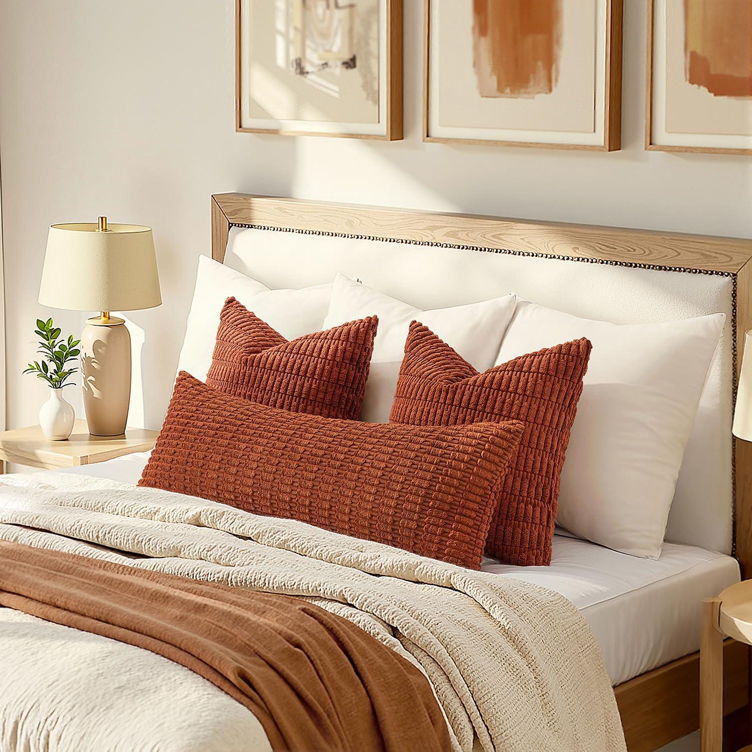 imageMIULEE Pack of 2 Christmas Red Corduroy Decorative Pillow Covers 18x18 Inch Soft Boho Striped Throw Pillow Covers Modern Farmhouse Home Decor for Sofa Living Room Couch BedDark Rust