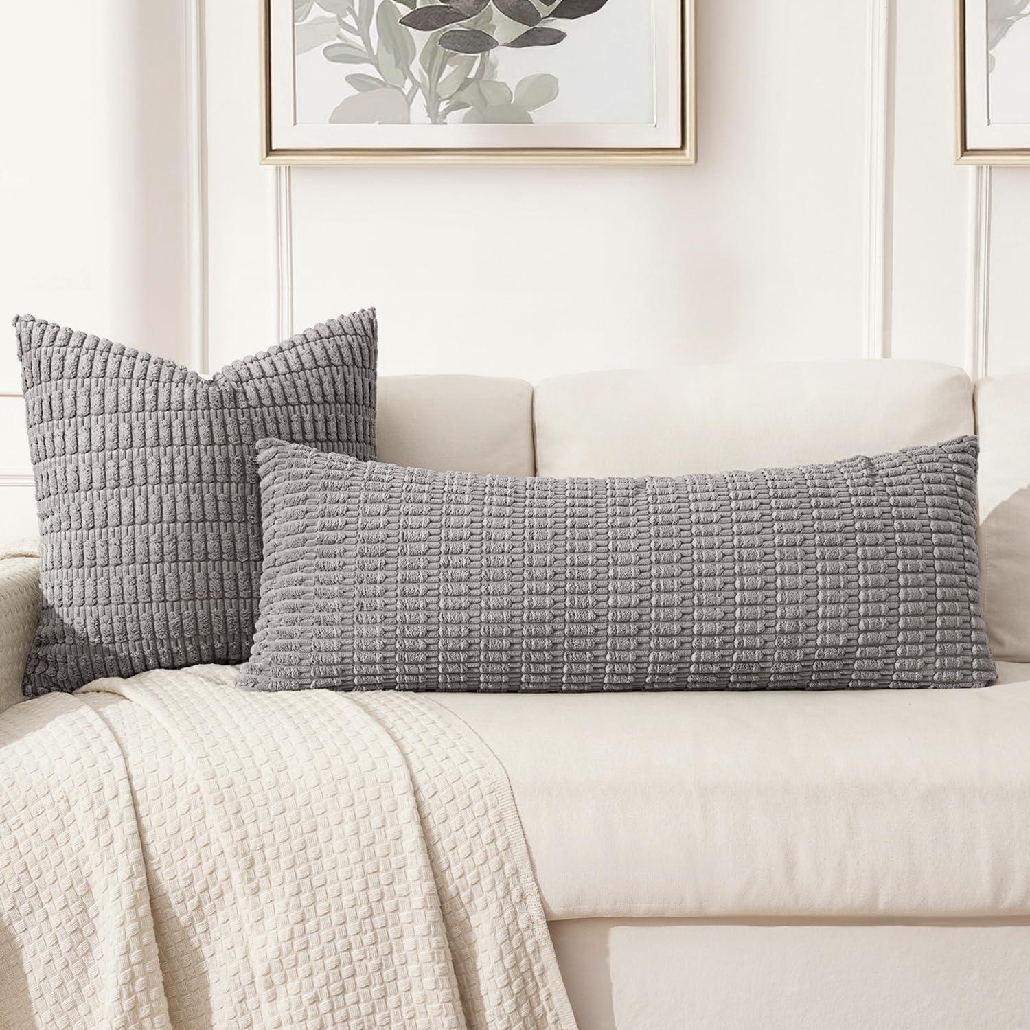 imageMIULEE Pack of 2 Christmas Red Corduroy Decorative Pillow Covers 18x18 Inch Soft Boho Striped Throw Pillow Covers Modern Farmhouse Home Decor for Sofa Living Room Couch BedLight Grey