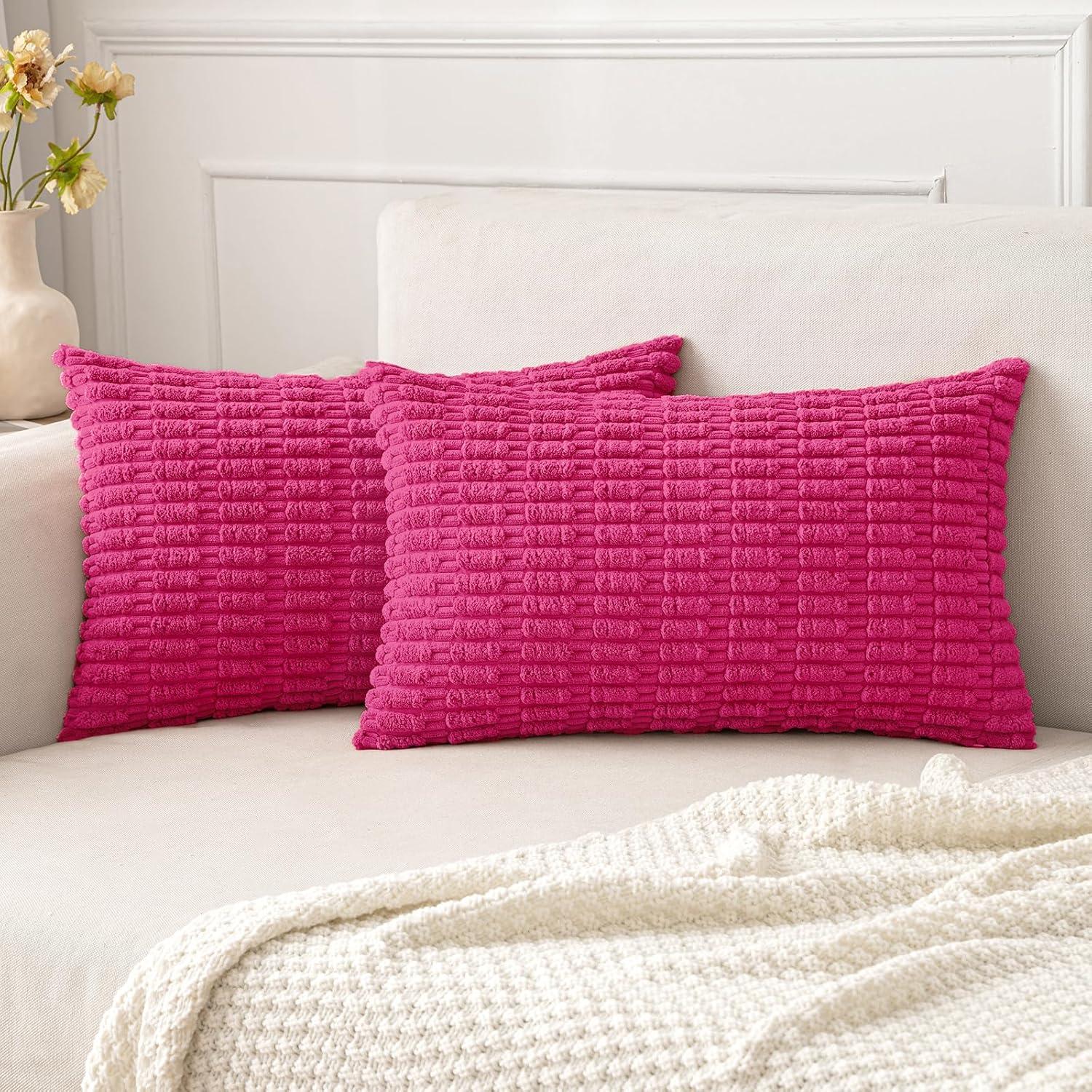 imageMIULEE Pack of 2 Christmas Red Corduroy Decorative Pillow Covers 18x18 Inch Soft Boho Striped Throw Pillow Covers Modern Farmhouse Home Decor for Sofa Living Room Couch BedHot Pink