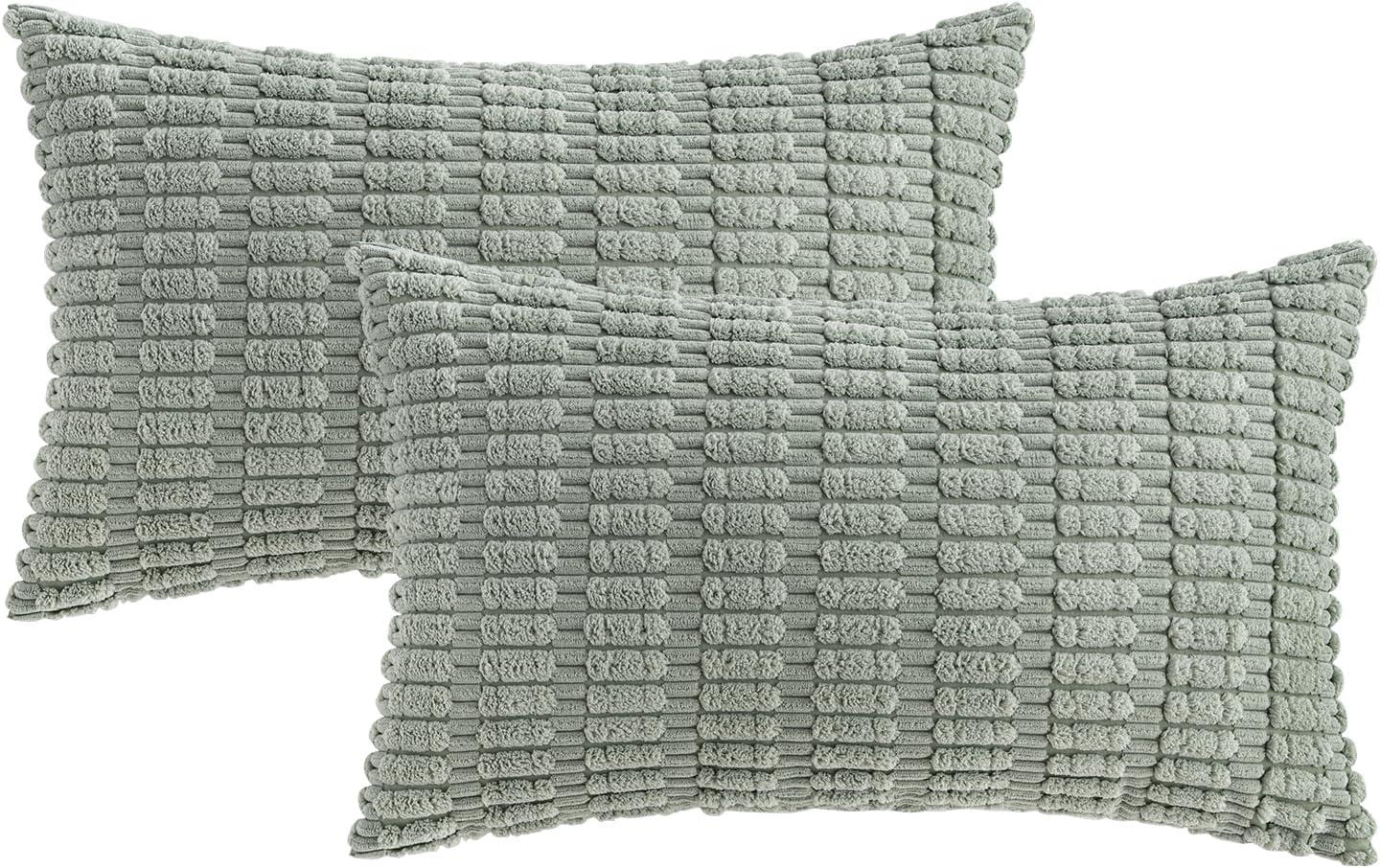 imageMIULEE Pack of 2 Christmas Red Corduroy Decorative Pillow Covers 18x18 Inch Soft Boho Striped Throw Pillow Covers Modern Farmhouse Home Decor for Sofa Living Room Couch BedGreyish Green