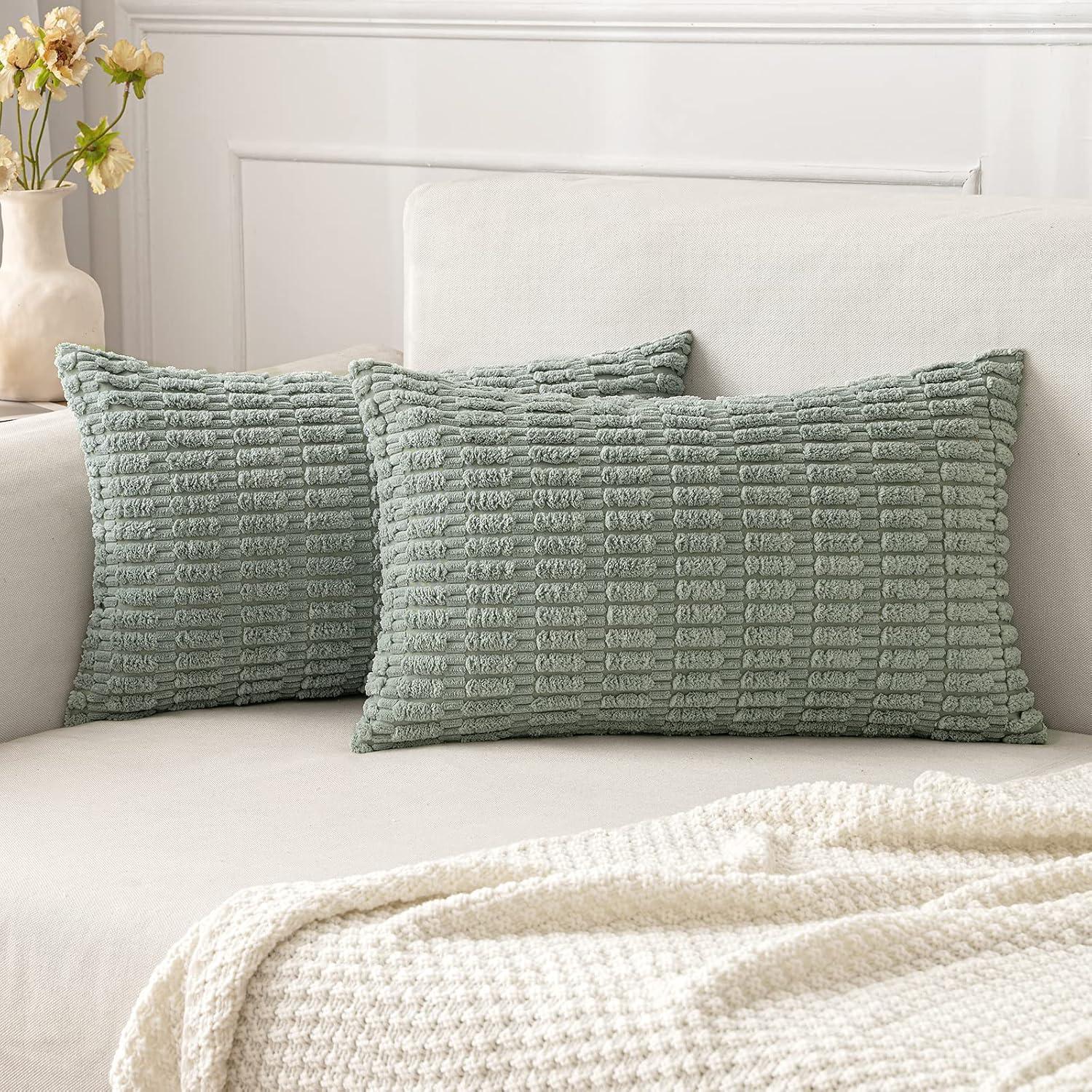 imageMIULEE Pack of 2 Christmas Red Corduroy Decorative Pillow Covers 18x18 Inch Soft Boho Striped Throw Pillow Covers Modern Farmhouse Home Decor for Sofa Living Room Couch BedGreyish Green