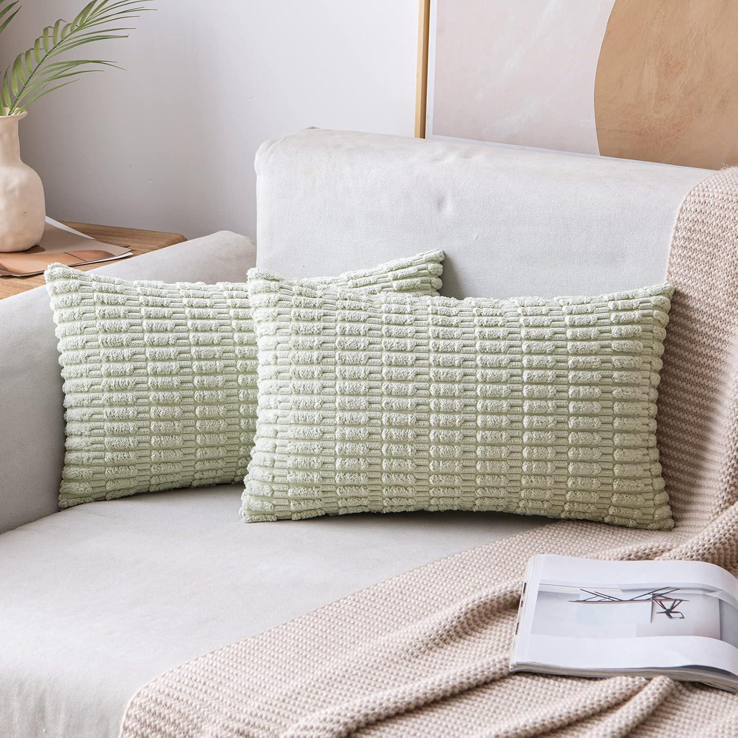 imageMIULEE Pack of 2 Christmas Red Corduroy Decorative Pillow Covers 18x18 Inch Soft Boho Striped Throw Pillow Covers Modern Farmhouse Home Decor for Sofa Living Room Couch BedLight Green