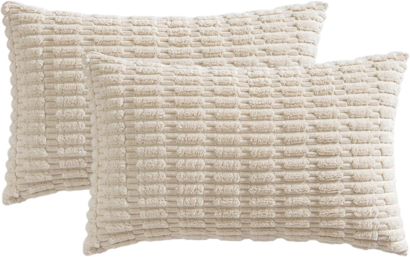 imageMIULEE Pack of 2 Christmas Red Corduroy Decorative Pillow Covers 18x18 Inch Soft Boho Striped Throw Pillow Covers Modern Farmhouse Home Decor for Sofa Living Room Couch BedCream White