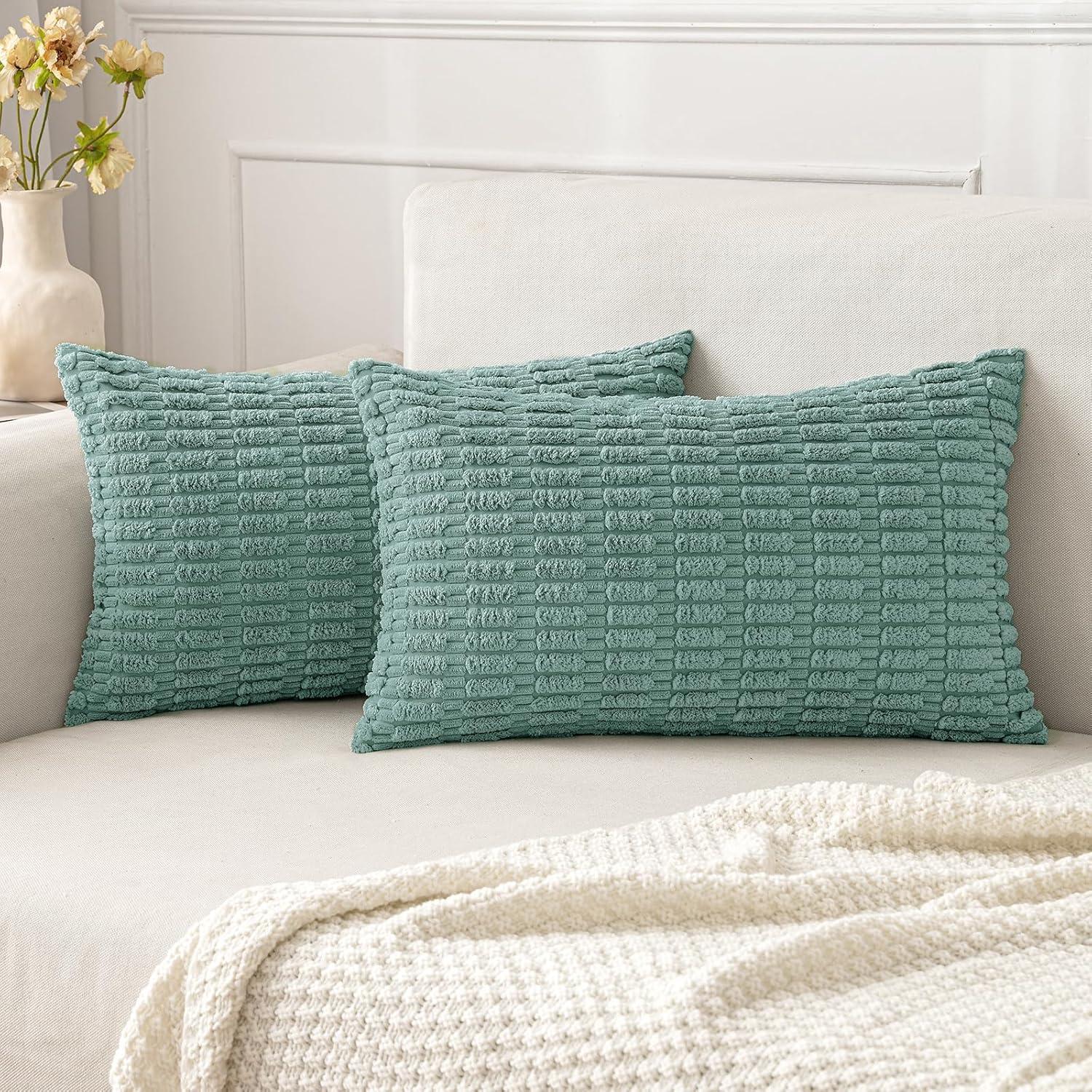 imageMIULEE Pack of 2 Christmas Red Corduroy Decorative Pillow Covers 18x18 Inch Soft Boho Striped Throw Pillow Covers Modern Farmhouse Home Decor for Sofa Living Room Couch BedTeal Green