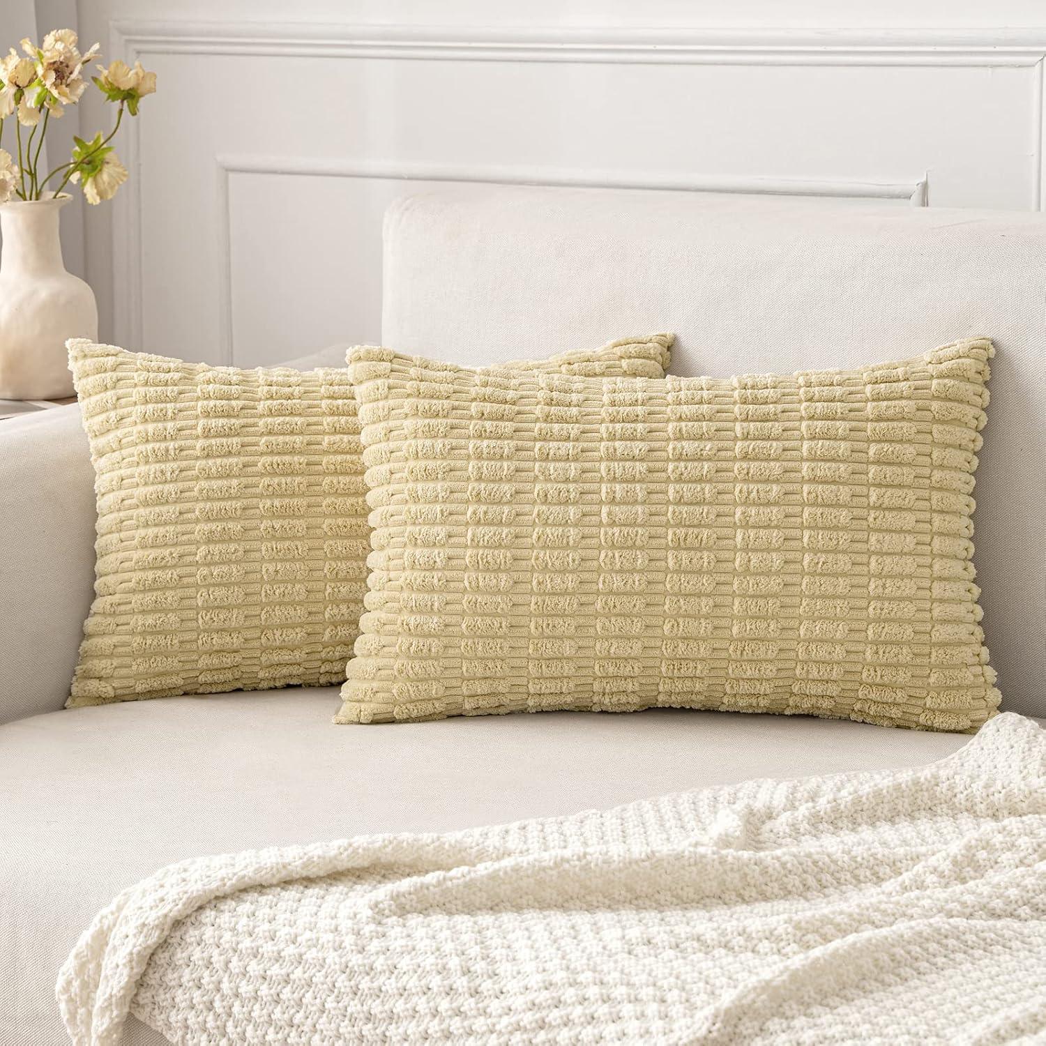 imageMIULEE Pack of 2 Christmas Red Corduroy Decorative Pillow Covers 18x18 Inch Soft Boho Striped Throw Pillow Covers Modern Farmhouse Home Decor for Sofa Living Room Couch BedBeige