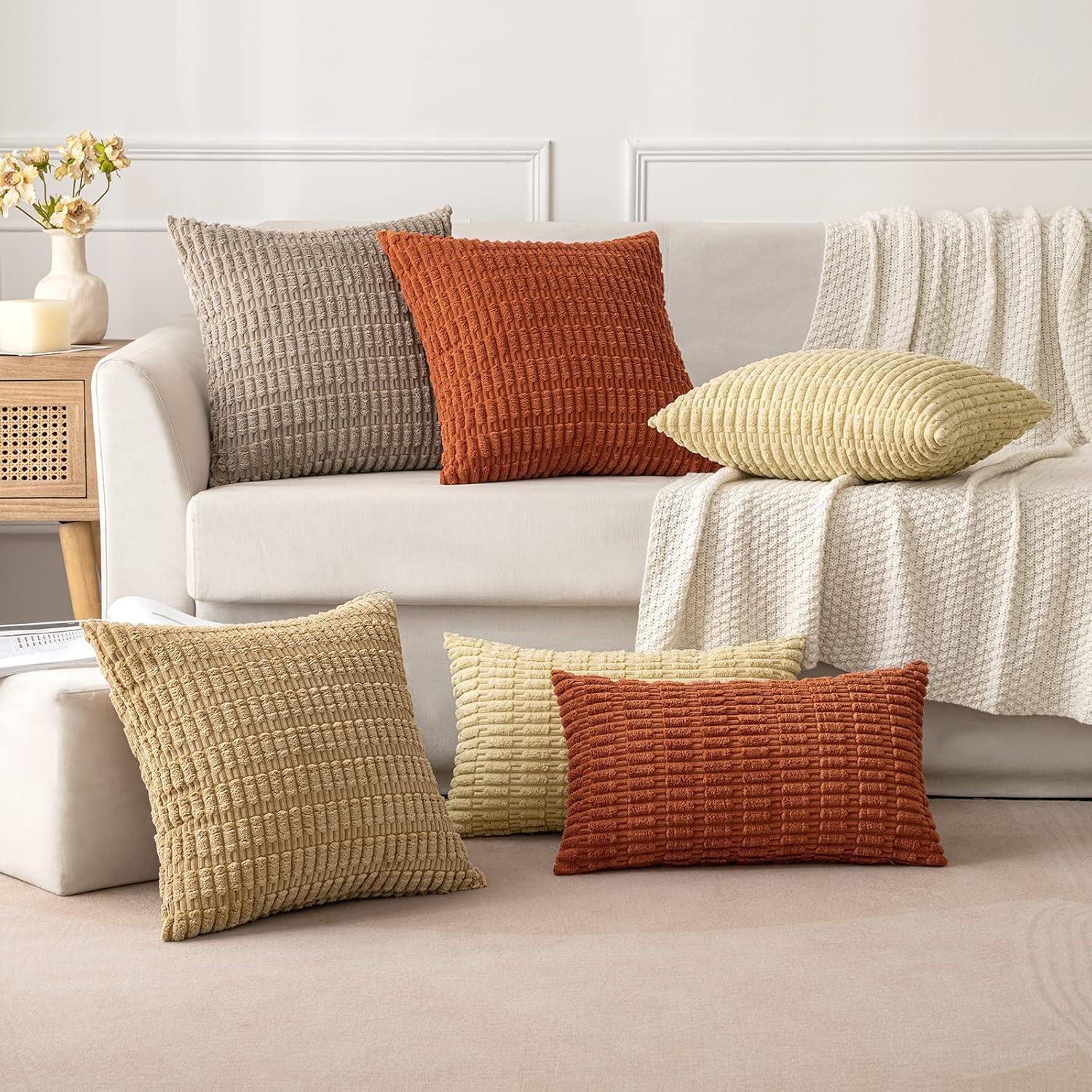 imageMIULEE Pack of 2 Christmas Red Corduroy Decorative Pillow Covers 18x18 Inch Soft Boho Striped Throw Pillow Covers Modern Farmhouse Home Decor for Sofa Living Room Couch BedLight Brown