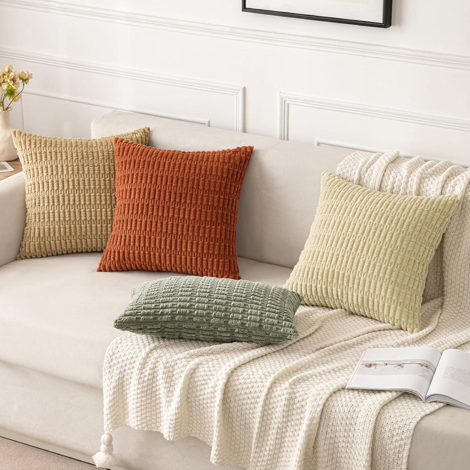 imageMIULEE Pack of 2 Christmas Red Corduroy Decorative Pillow Covers 18x18 Inch Soft Boho Striped Throw Pillow Covers Modern Farmhouse Home Decor for Sofa Living Room Couch BedLight Olive Green