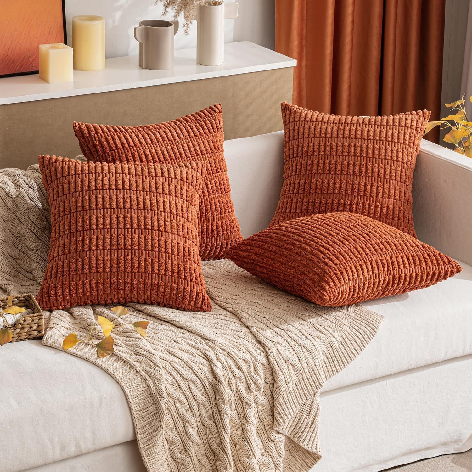 imageMIULEE Pack of 2 Christmas Red Corduroy Decorative Pillow Covers 18x18 Inch Soft Boho Striped Throw Pillow Covers Modern Farmhouse Home Decor for Sofa Living Room Couch BedRust