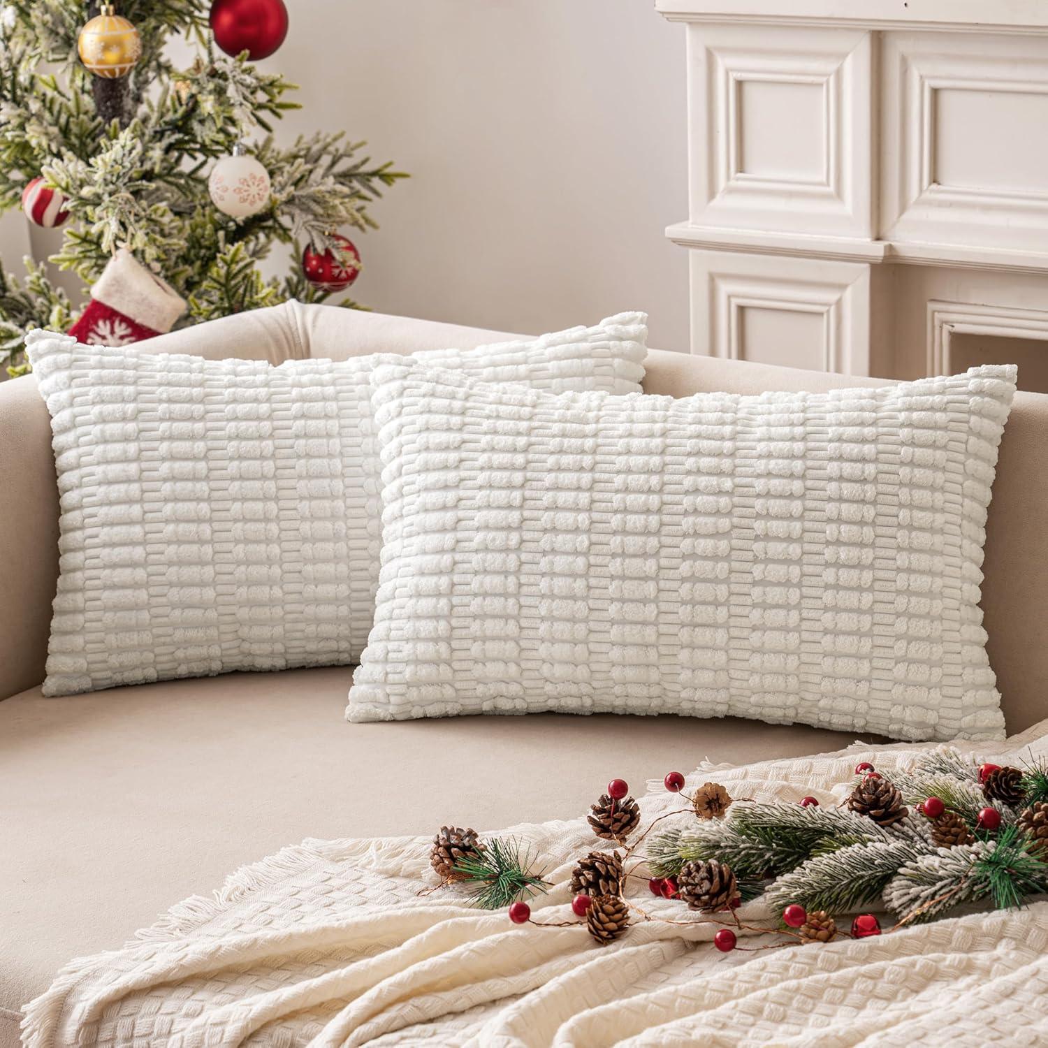 imageMIULEE Pack of 2 Christmas Red Corduroy Decorative Pillow Covers 18x18 Inch Soft Boho Striped Throw Pillow Covers Modern Farmhouse Home Decor for Sofa Living Room Couch BedPure White