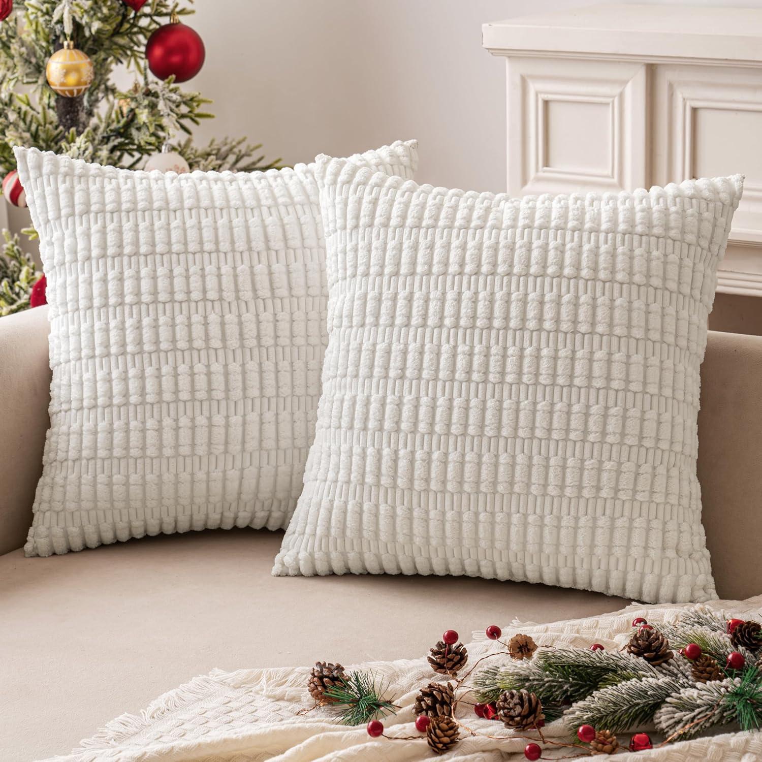 imageMIULEE Pack of 2 Christmas Red Corduroy Decorative Pillow Covers 18x18 Inch Soft Boho Striped Throw Pillow Covers Modern Farmhouse Home Decor for Sofa Living Room Couch BedPure White