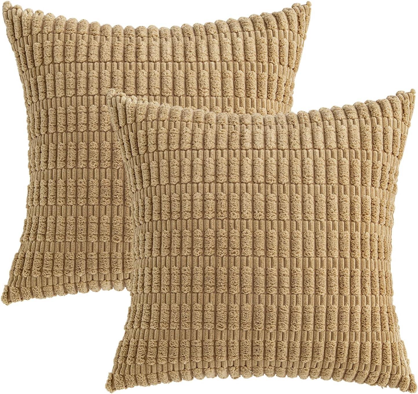 imageMIULEE Pack of 2 Christmas Red Corduroy Decorative Pillow Covers 18x18 Inch Soft Boho Striped Throw Pillow Covers Modern Farmhouse Home Decor for Sofa Living Room Couch BedKhaki