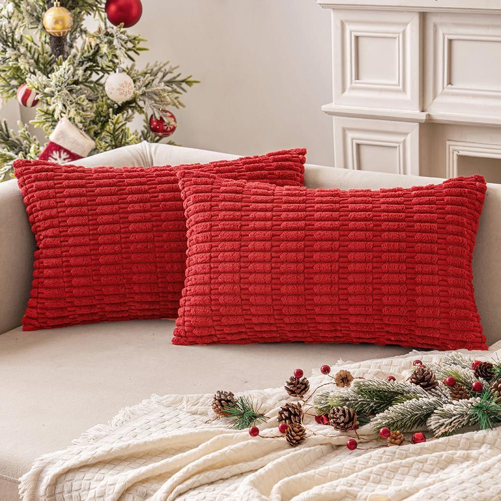 imageMIULEE Pack of 2 Christmas Red Corduroy Decorative Pillow Covers 18x18 Inch Soft Boho Striped Throw Pillow Covers Modern Farmhouse Home Decor for Sofa Living Room Couch BedRed