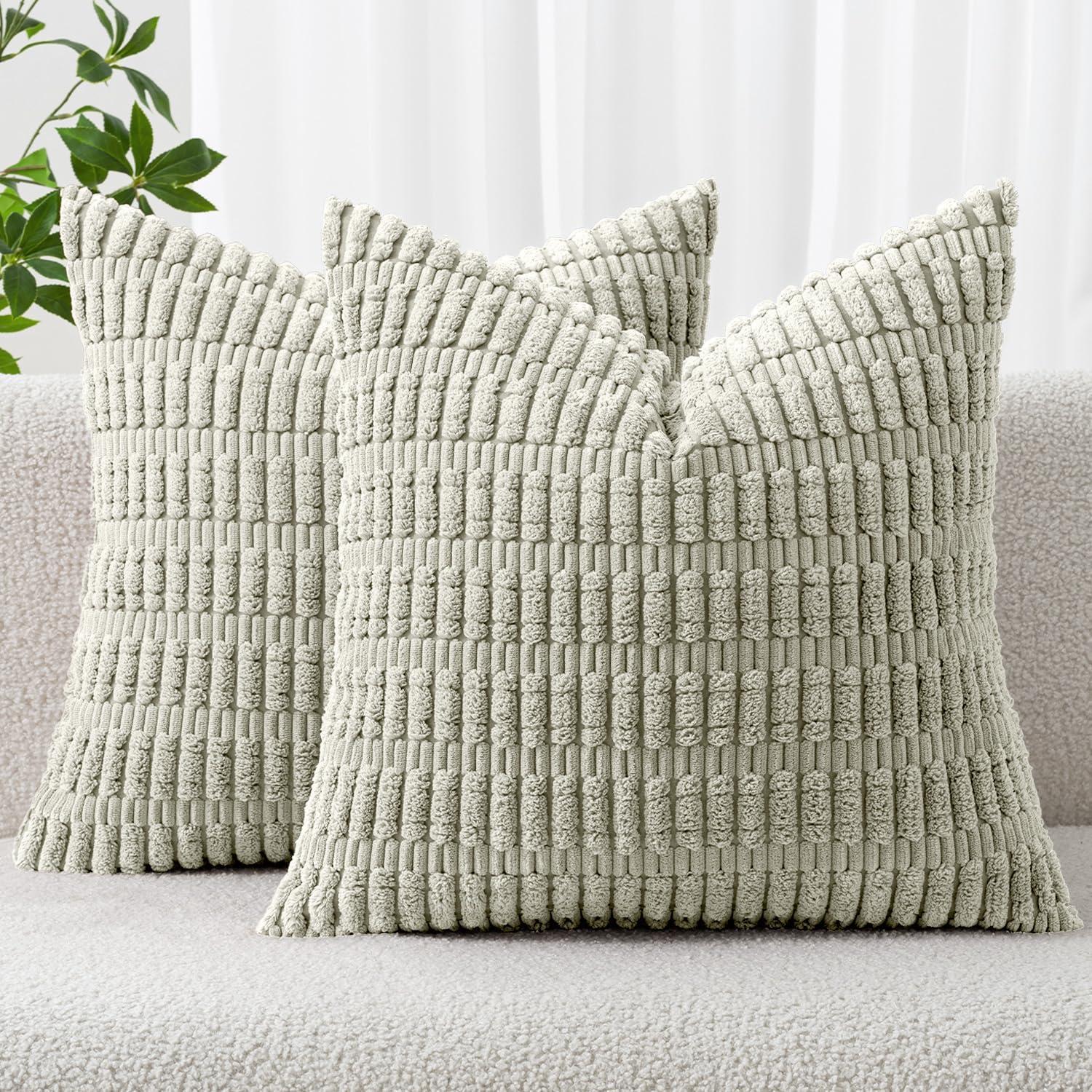 imageMIULEE Pack of 2 Christmas Red Corduroy Decorative Pillow Covers 18x18 Inch Soft Boho Striped Throw Pillow Covers Modern Farmhouse Home Decor for Sofa Living Room Couch BedLight Green