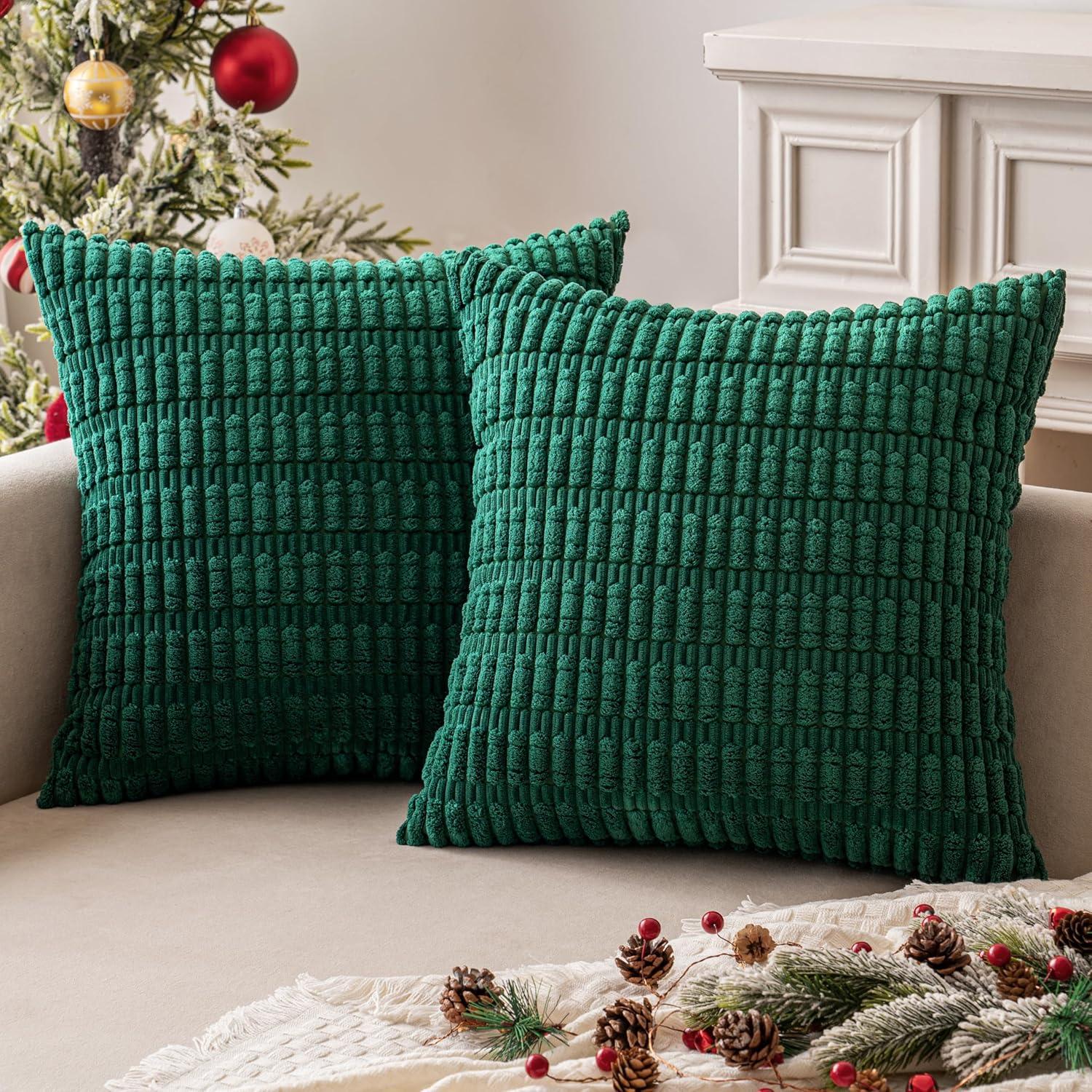 imageMIULEE Pack of 2 Christmas Red Corduroy Decorative Pillow Covers 18x18 Inch Soft Boho Striped Throw Pillow Covers Modern Farmhouse Home Decor for Sofa Living Room Couch BedDark Green