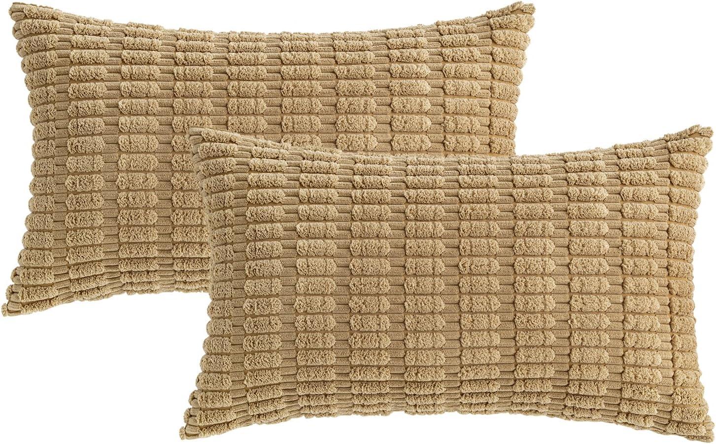 imageMIULEE Pack of 2 Christmas Red Corduroy Decorative Pillow Covers 18x18 Inch Soft Boho Striped Throw Pillow Covers Modern Farmhouse Home Decor for Sofa Living Room Couch BedKhaki