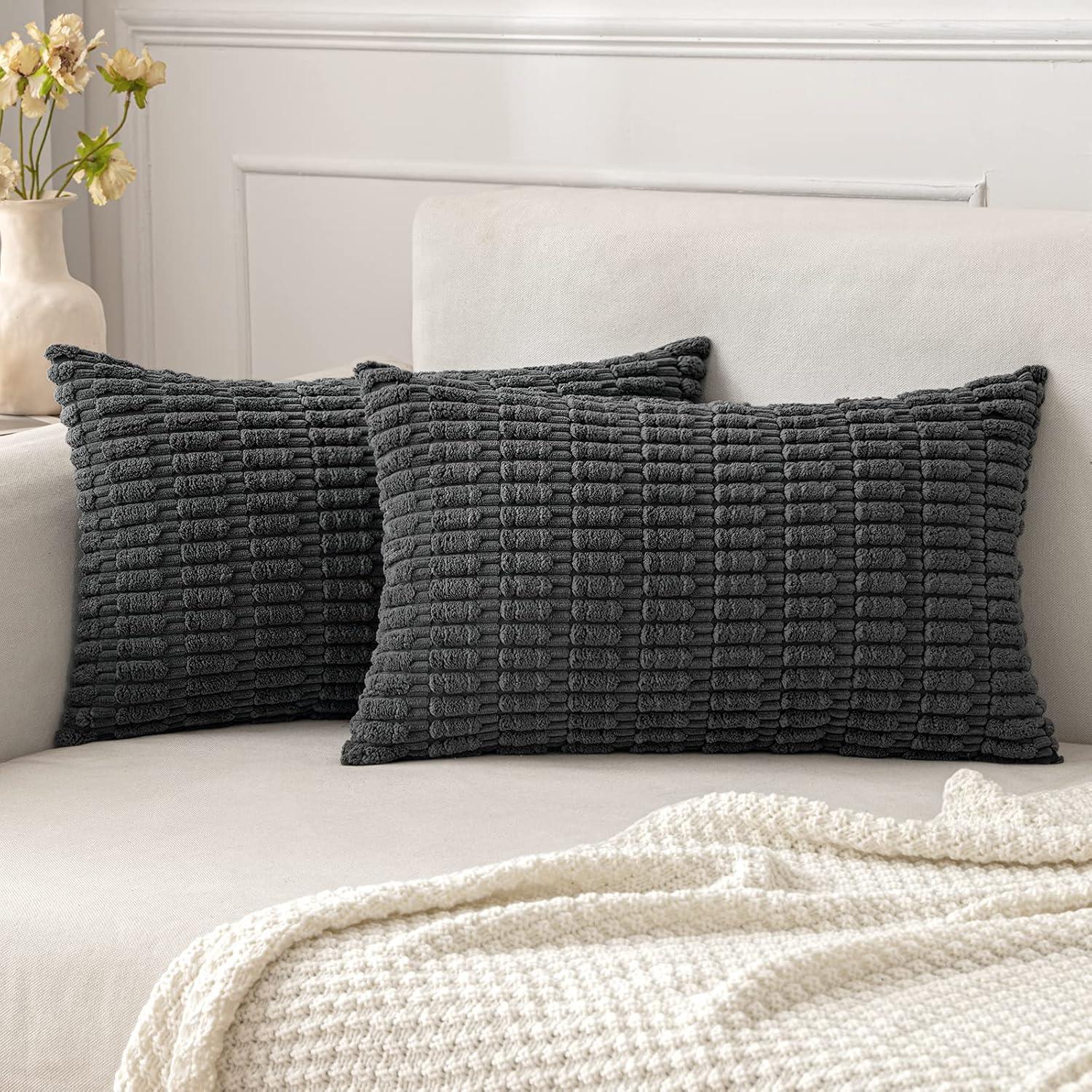 imageMIULEE Pack of 2 Christmas Red Corduroy Decorative Pillow Covers 18x18 Inch Soft Boho Striped Throw Pillow Covers Modern Farmhouse Home Decor for Sofa Living Room Couch BedDark Grey