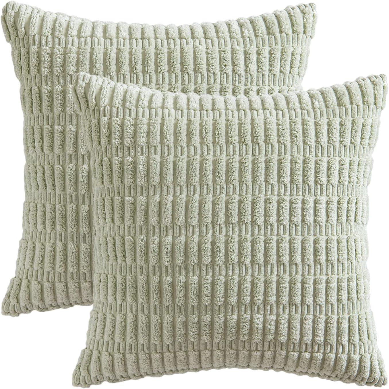 imageMIULEE Pack of 2 Christmas Red Corduroy Decorative Pillow Covers 18x18 Inch Soft Boho Striped Throw Pillow Covers Modern Farmhouse Home Decor for Sofa Living Room Couch BedLight Green