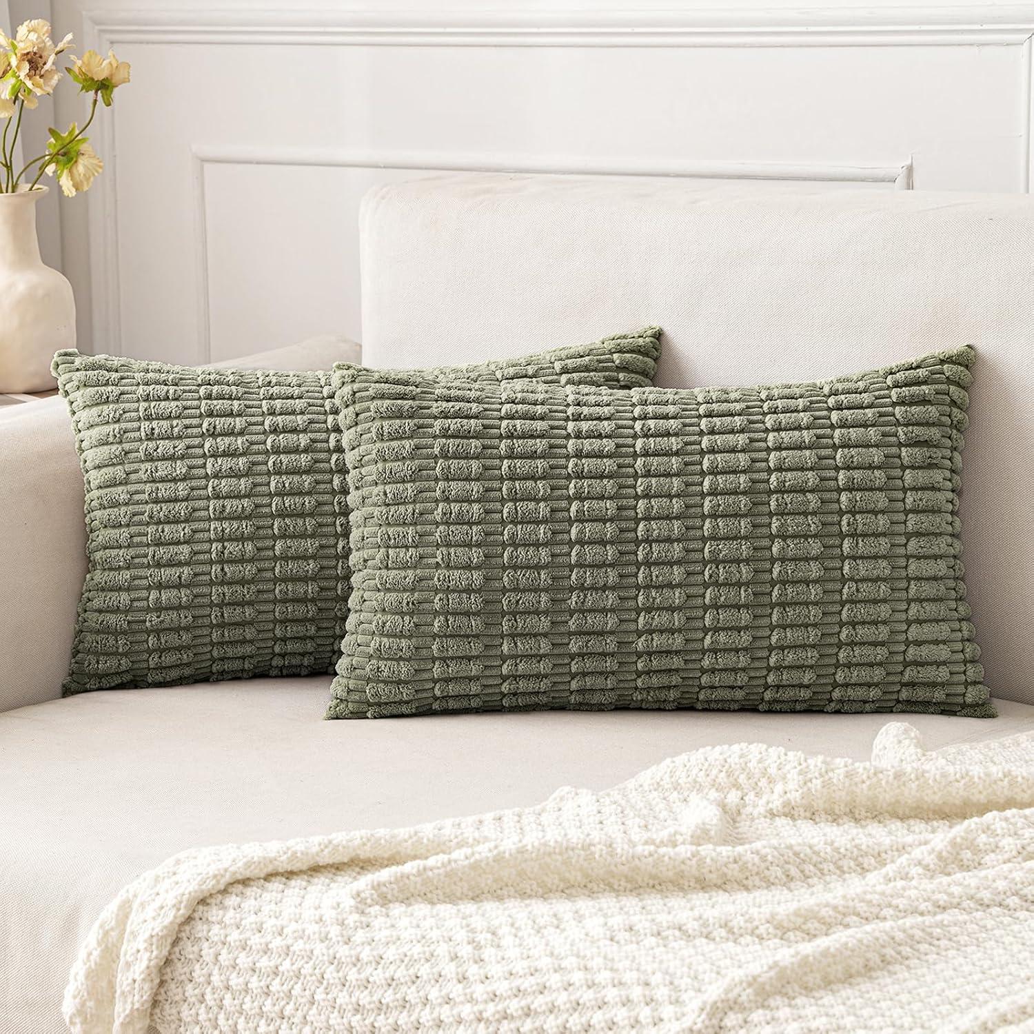 imageMIULEE Pack of 2 Christmas Red Corduroy Decorative Pillow Covers 18x18 Inch Soft Boho Striped Throw Pillow Covers Modern Farmhouse Home Decor for Sofa Living Room Couch BedLight Olive Green