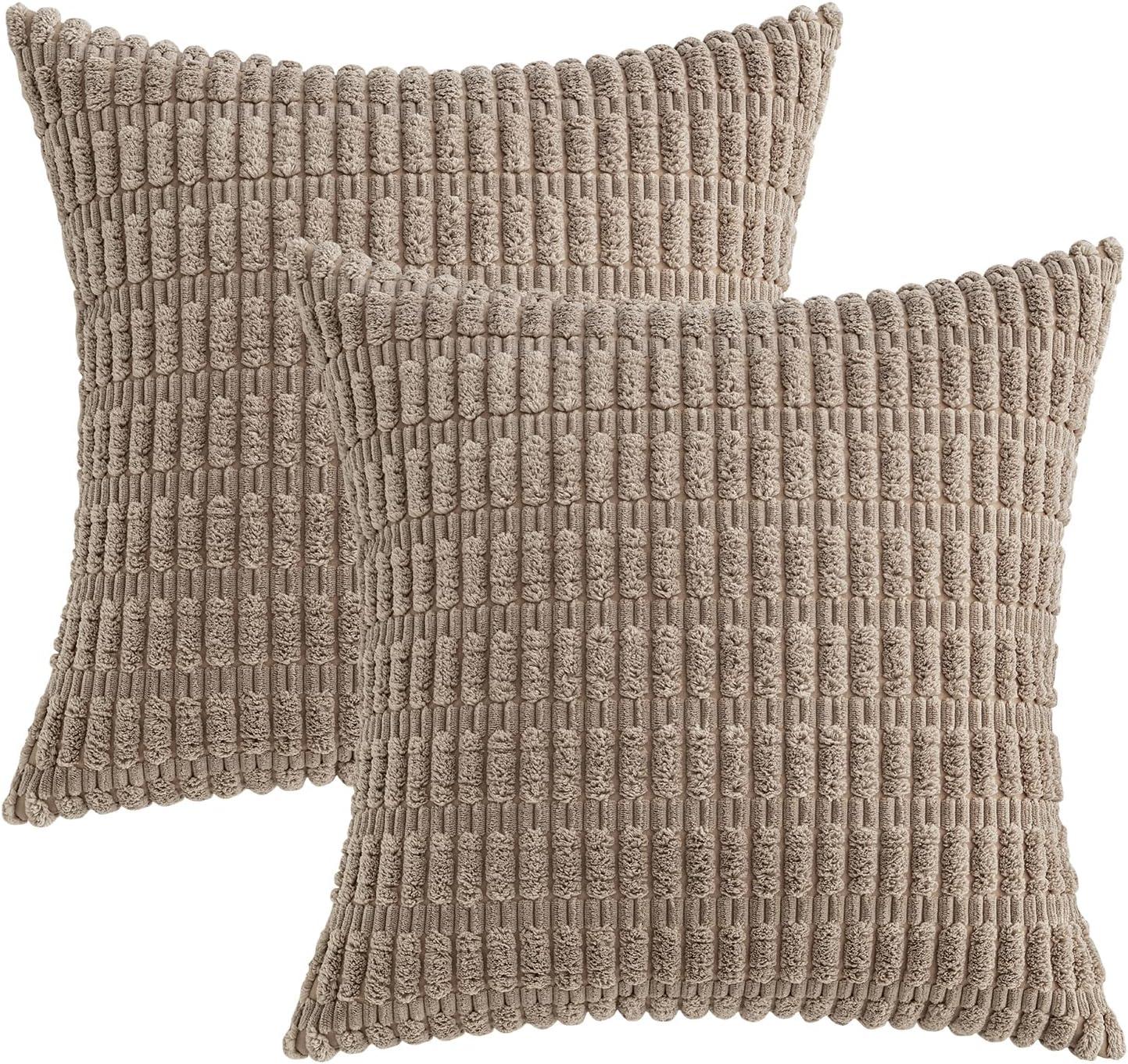 imageMIULEE Pack of 2 Christmas Red Corduroy Decorative Pillow Covers 18x18 Inch Soft Boho Striped Throw Pillow Covers Modern Farmhouse Home Decor for Sofa Living Room Couch BedLight Brown