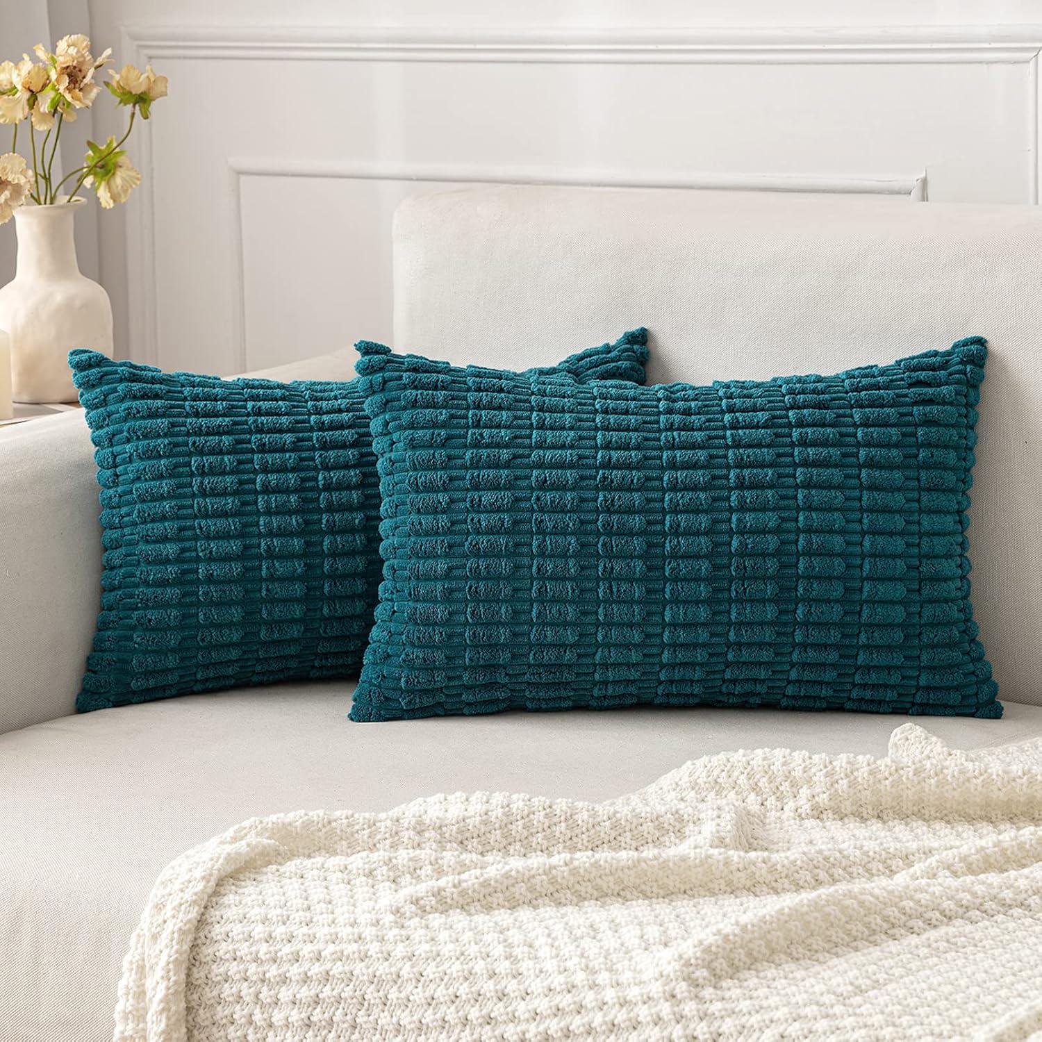 imageMIULEE Pack of 2 Christmas Red Corduroy Decorative Pillow Covers 18x18 Inch Soft Boho Striped Throw Pillow Covers Modern Farmhouse Home Decor for Sofa Living Room Couch BedTeal