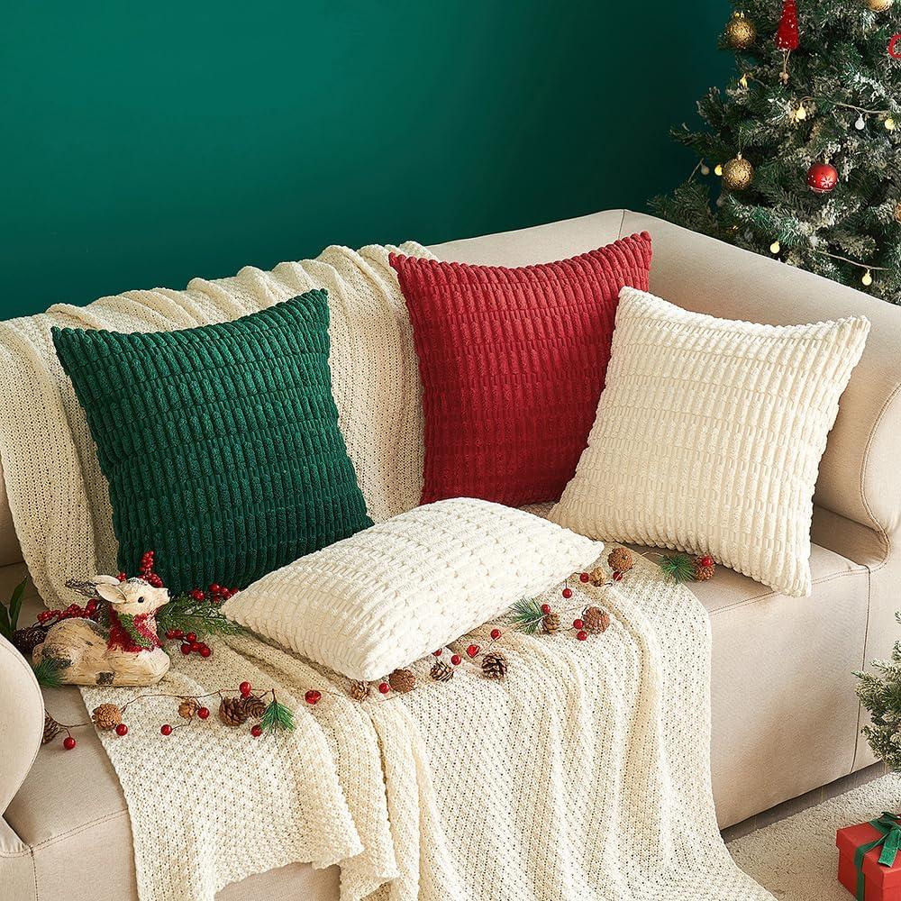 imageMIULEE Pack of 2 Christmas Red Corduroy Decorative Pillow Covers 18x18 Inch Soft Boho Striped Throw Pillow Covers Modern Farmhouse Home Decor for Sofa Living Room Couch BedCream White