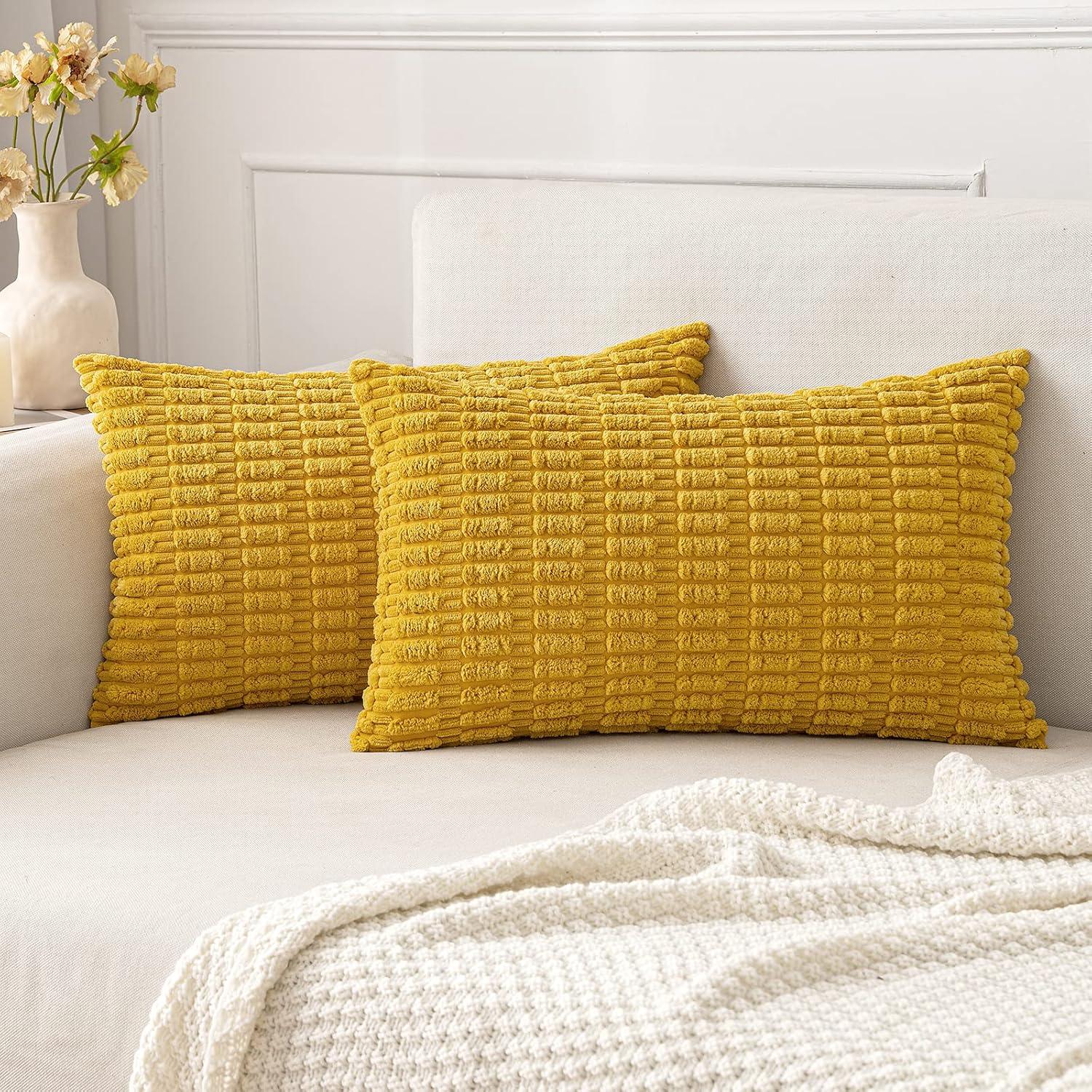 imageMIULEE Pack of 2 Christmas Red Corduroy Decorative Pillow Covers 18x18 Inch Soft Boho Striped Throw Pillow Covers Modern Farmhouse Home Decor for Sofa Living Room Couch BedMustard Yellow