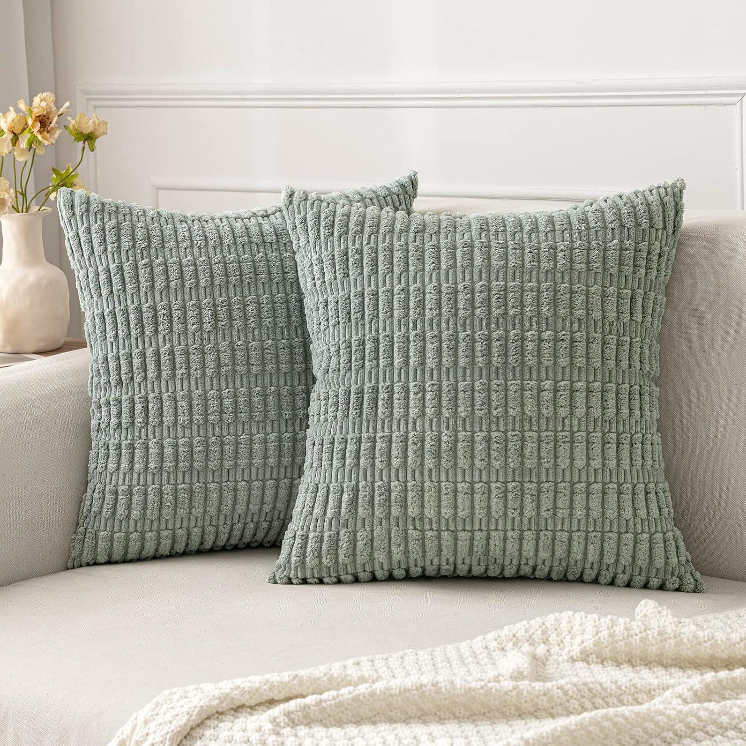 imageMIULEE Pack of 2 Christmas Red Corduroy Decorative Pillow Covers 18x18 Inch Soft Boho Striped Throw Pillow Covers Modern Farmhouse Home Decor for Sofa Living Room Couch BedGreyish Green