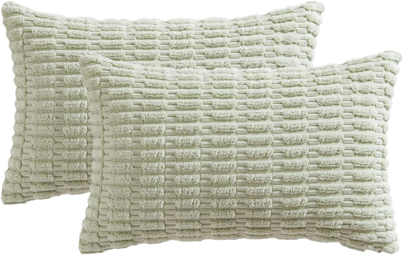 imageMIULEE Pack of 2 Christmas Red Corduroy Decorative Pillow Covers 18x18 Inch Soft Boho Striped Throw Pillow Covers Modern Farmhouse Home Decor for Sofa Living Room Couch BedLight Green
