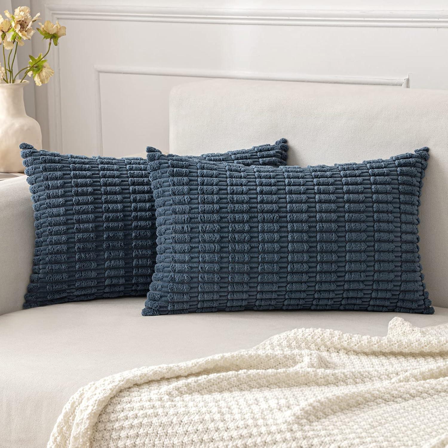 imageMIULEE Pack of 2 Christmas Red Corduroy Decorative Pillow Covers 18x18 Inch Soft Boho Striped Throw Pillow Covers Modern Farmhouse Home Decor for Sofa Living Room Couch BedBlue