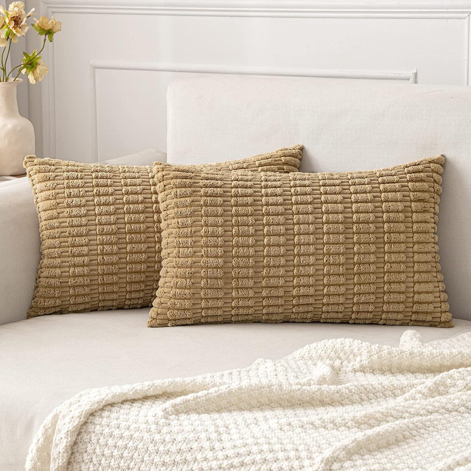 imageMIULEE Pack of 2 Christmas Red Corduroy Decorative Pillow Covers 18x18 Inch Soft Boho Striped Throw Pillow Covers Modern Farmhouse Home Decor for Sofa Living Room Couch BedKhaki
