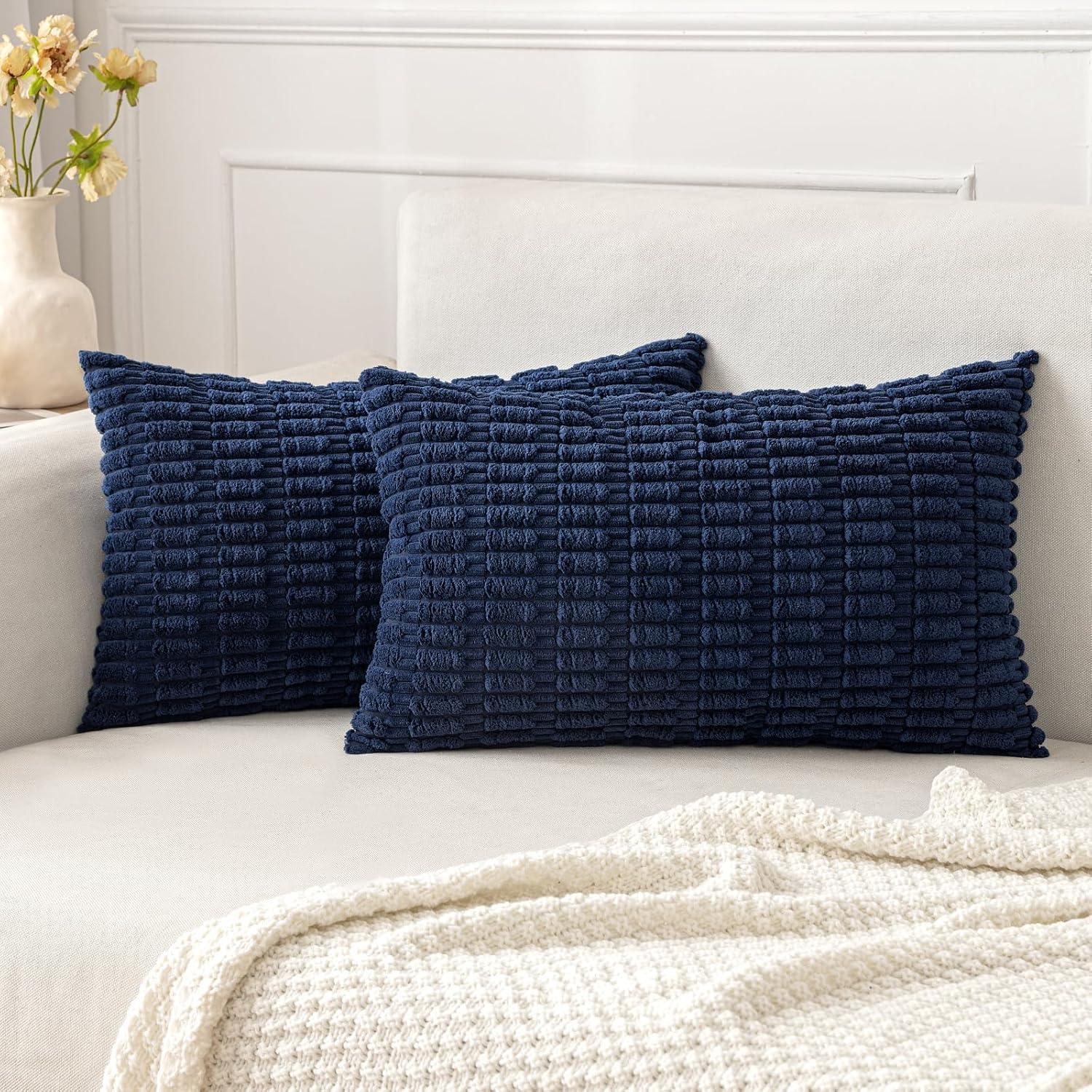 imageMIULEE Pack of 2 Christmas Red Corduroy Decorative Pillow Covers 18x18 Inch Soft Boho Striped Throw Pillow Covers Modern Farmhouse Home Decor for Sofa Living Room Couch BedDark Blue