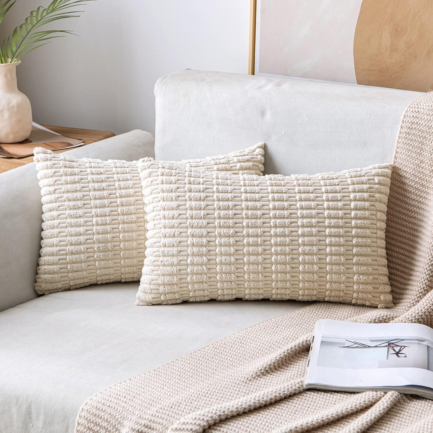 imageMIULEE Pack of 2 Christmas Red Corduroy Decorative Pillow Covers 18x18 Inch Soft Boho Striped Throw Pillow Covers Modern Farmhouse Home Decor for Sofa Living Room Couch BedCream White