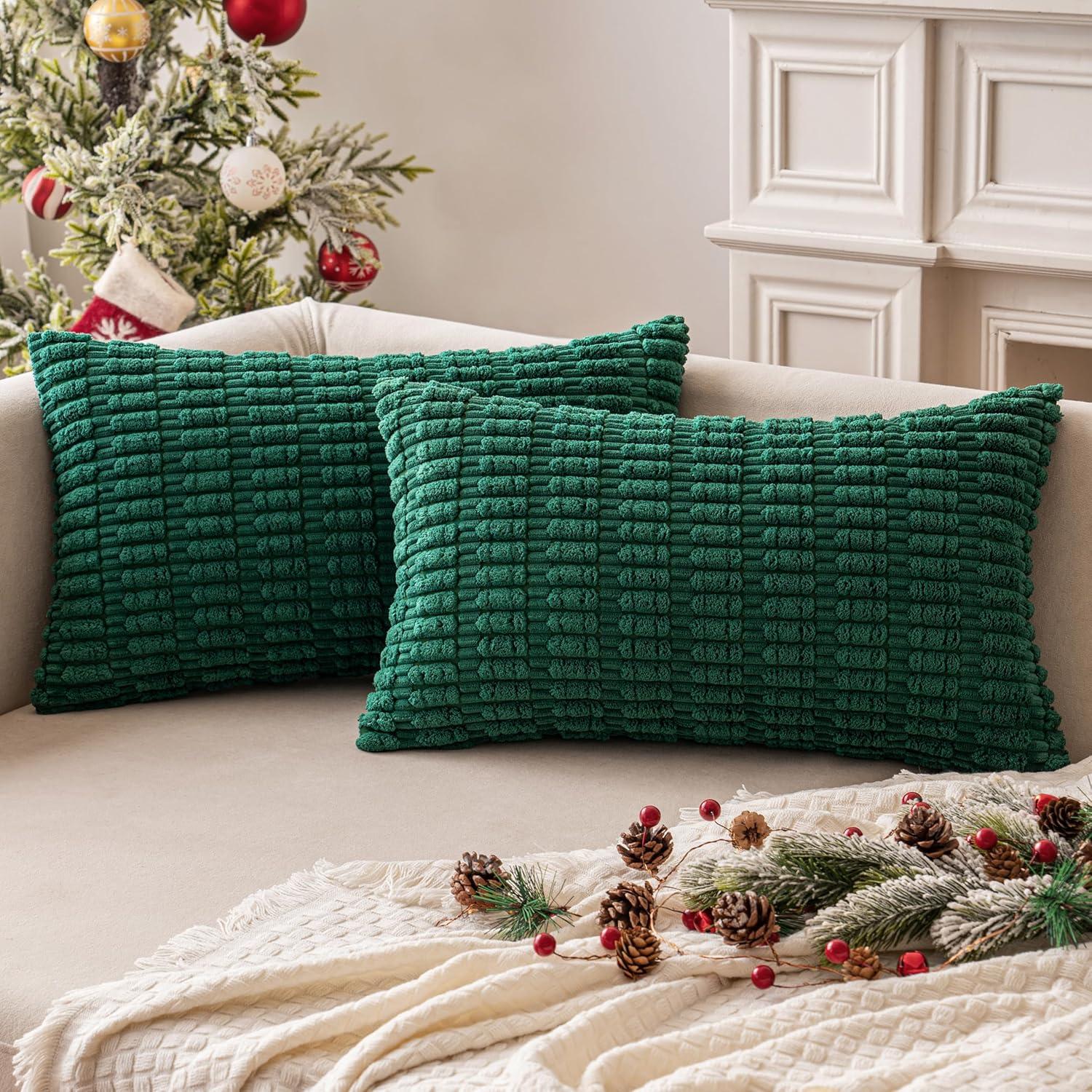 imageMIULEE Pack of 2 Christmas Red Corduroy Decorative Pillow Covers 18x18 Inch Soft Boho Striped Throw Pillow Covers Modern Farmhouse Home Decor for Sofa Living Room Couch BedDark Green