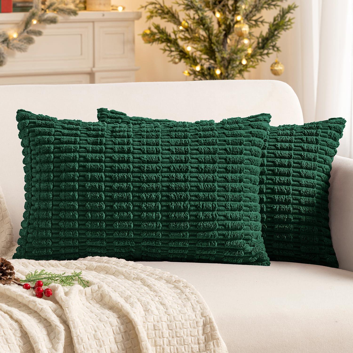 imageMIULEE Pack of 2 Christmas Red Corduroy Decorative Pillow Covers 18x18 Inch Soft Boho Striped Throw Pillow Covers Modern Farmhouse Home Decor for Sofa Living Room Couch BedDark Green