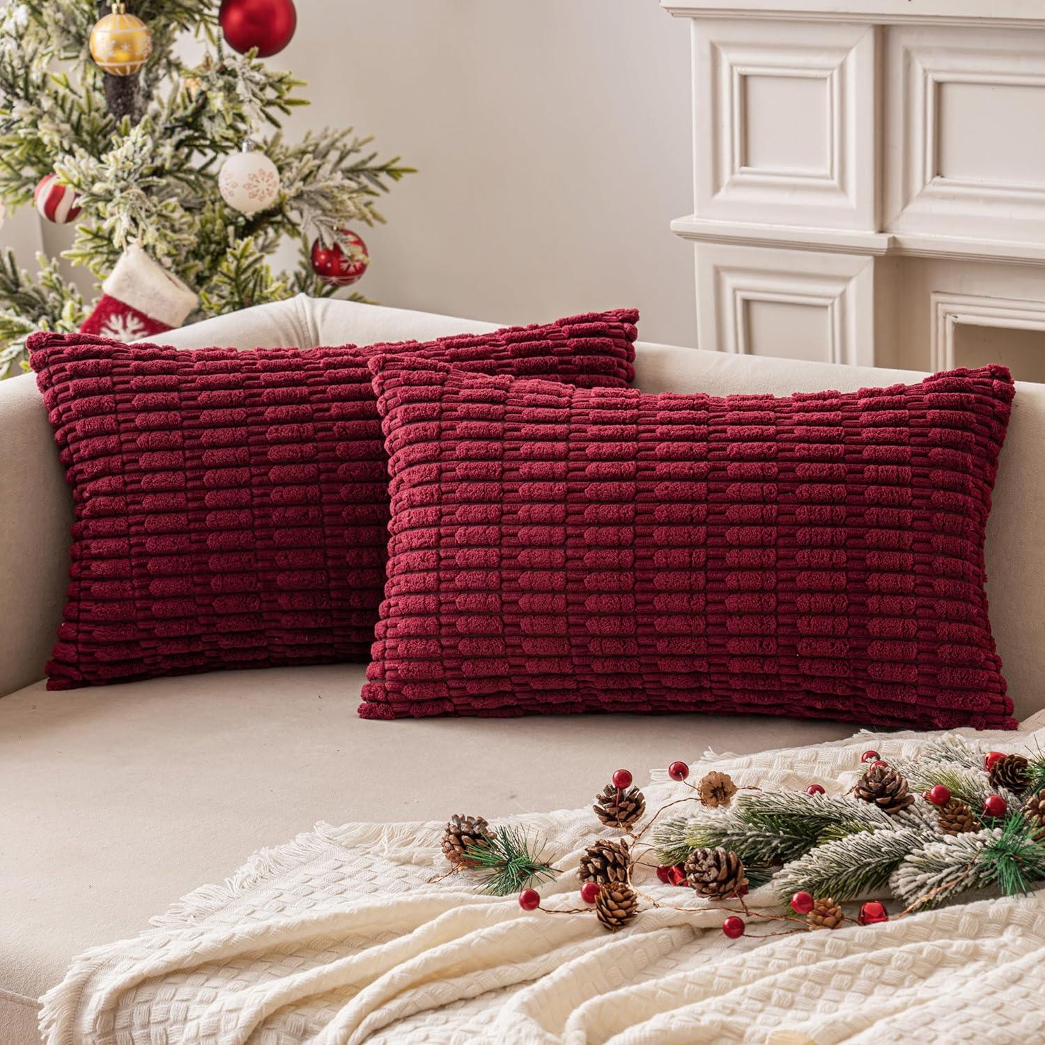 imageMIULEE Pack of 2 Christmas Red Corduroy Decorative Pillow Covers 18x18 Inch Soft Boho Striped Throw Pillow Covers Modern Farmhouse Home Decor for Sofa Living Room Couch BedBurgundy