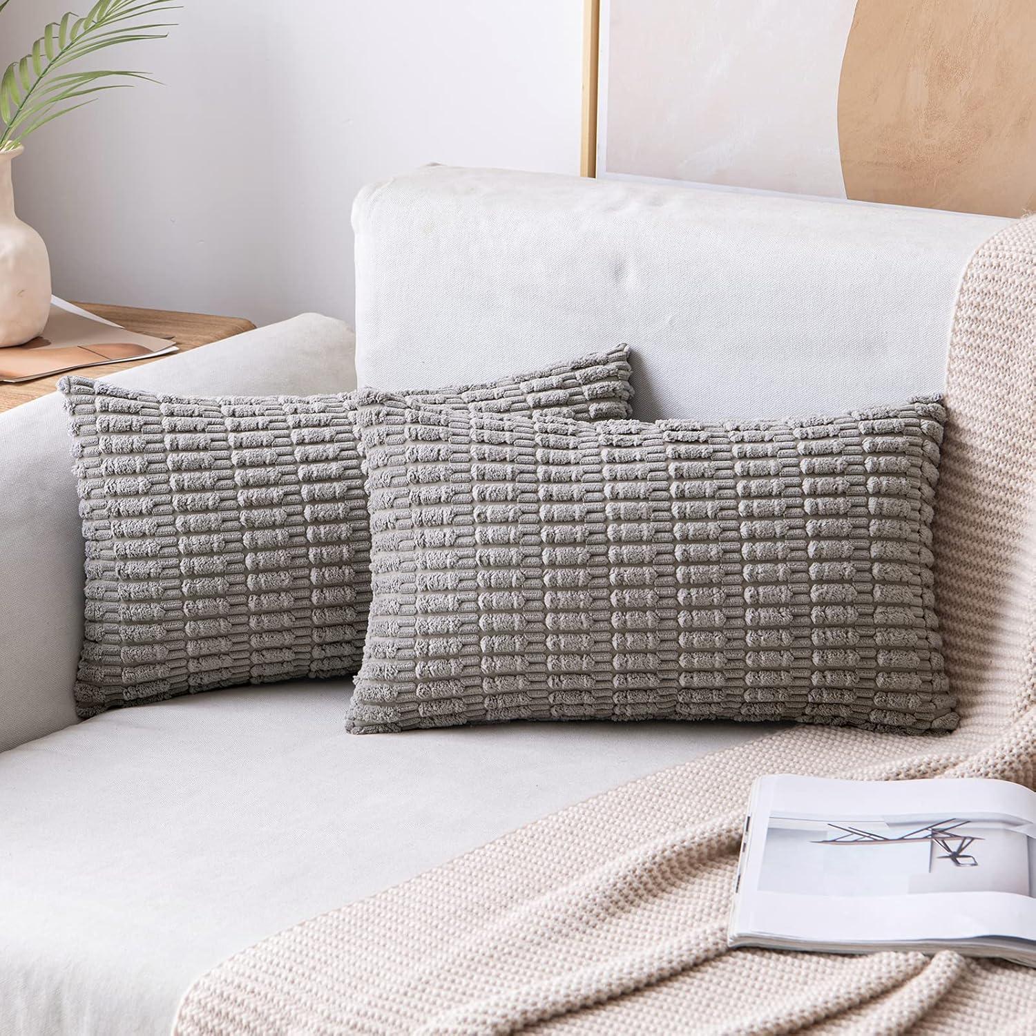 imageMIULEE Pack of 2 Christmas Red Corduroy Decorative Pillow Covers 18x18 Inch Soft Boho Striped Throw Pillow Covers Modern Farmhouse Home Decor for Sofa Living Room Couch BedLight Grey