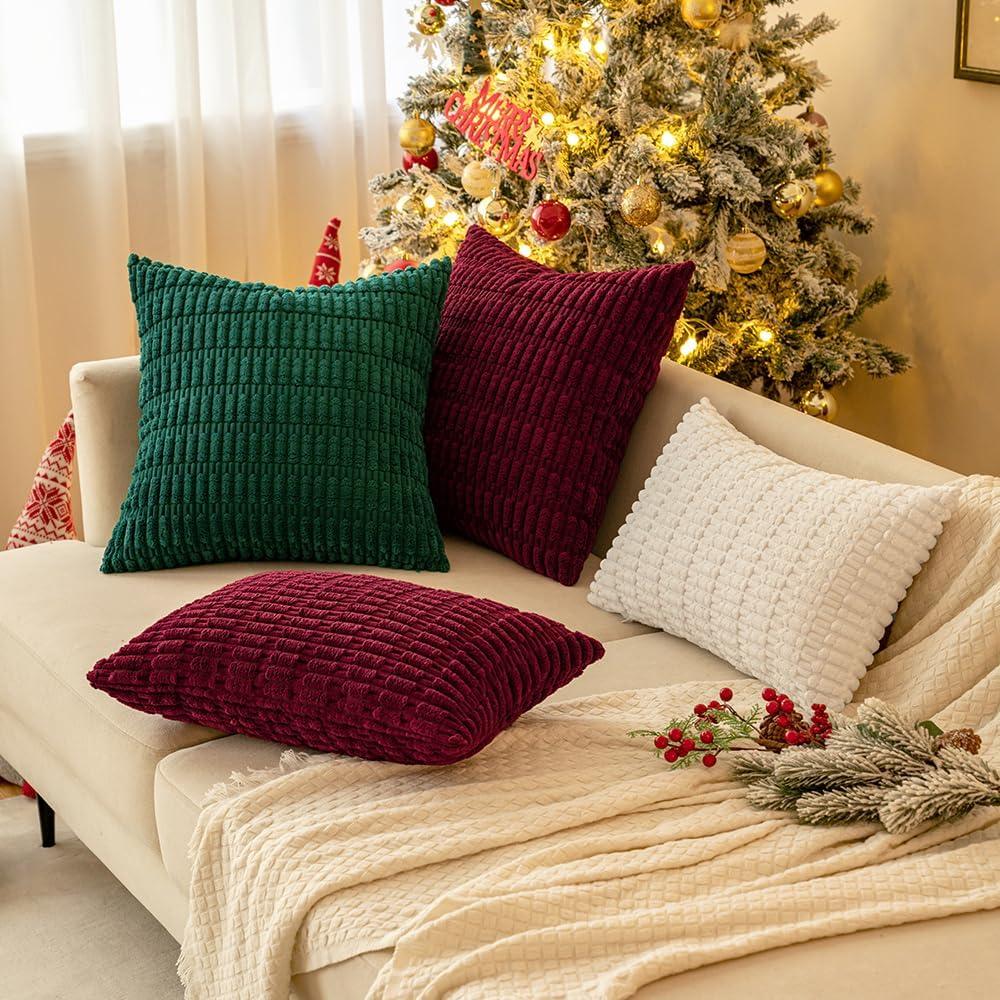 imageMIULEE Pack of 2 Christmas Red Corduroy Decorative Pillow Covers 18x18 Inch Soft Boho Striped Throw Pillow Covers Modern Farmhouse Home Decor for Sofa Living Room Couch BedBurgundy