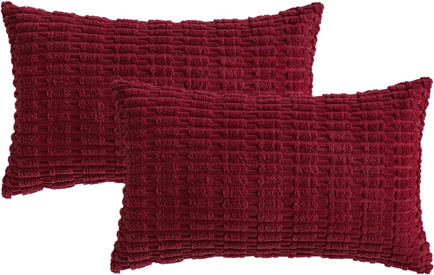 imageMIULEE Pack of 2 Christmas Red Corduroy Decorative Pillow Covers 18x18 Inch Soft Boho Striped Throw Pillow Covers Modern Farmhouse Home Decor for Sofa Living Room Couch BedBurgundy