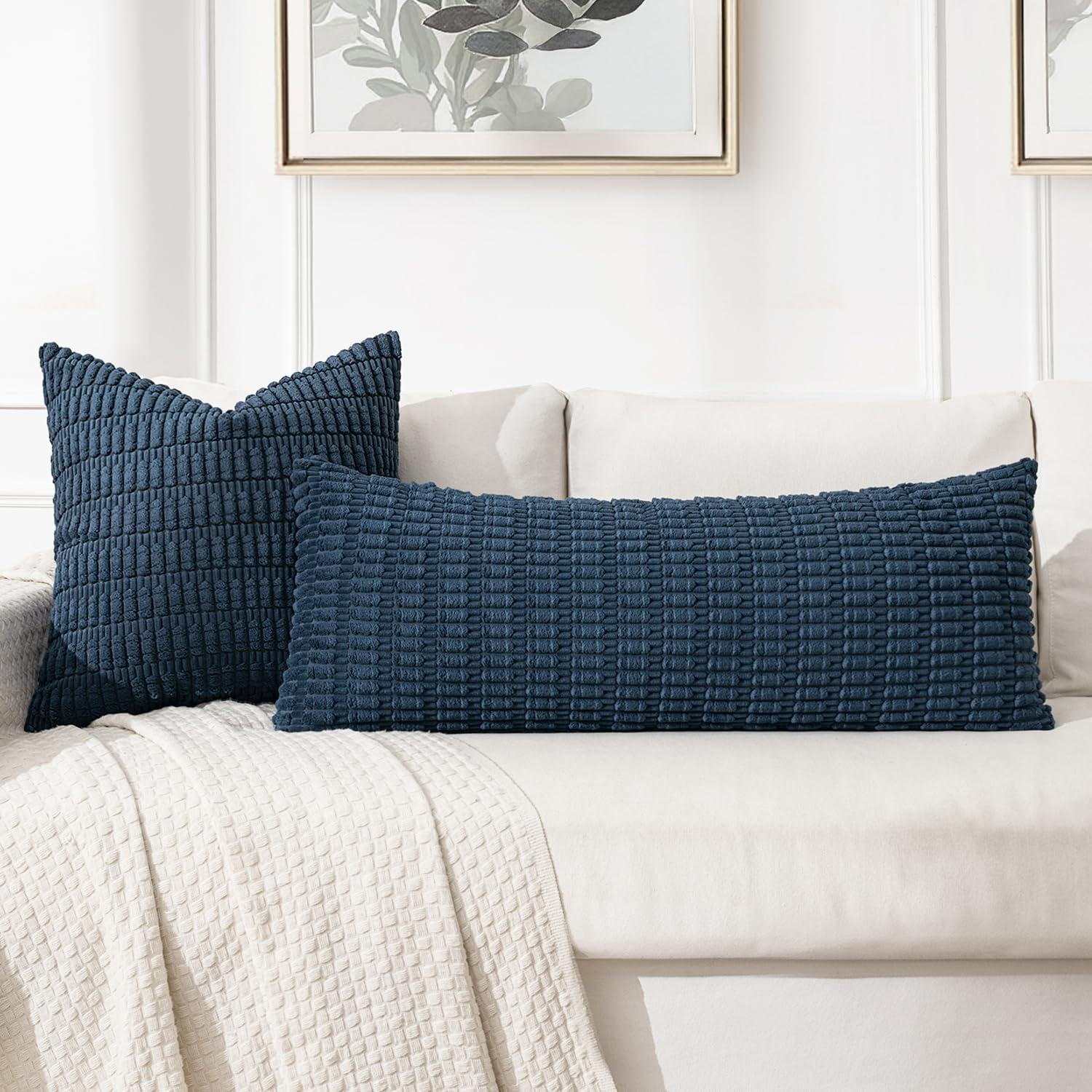 imageMIULEE Pack of 2 Christmas Red Corduroy Decorative Pillow Covers 18x18 Inch Soft Boho Striped Throw Pillow Covers Modern Farmhouse Home Decor for Sofa Living Room Couch BedBlue