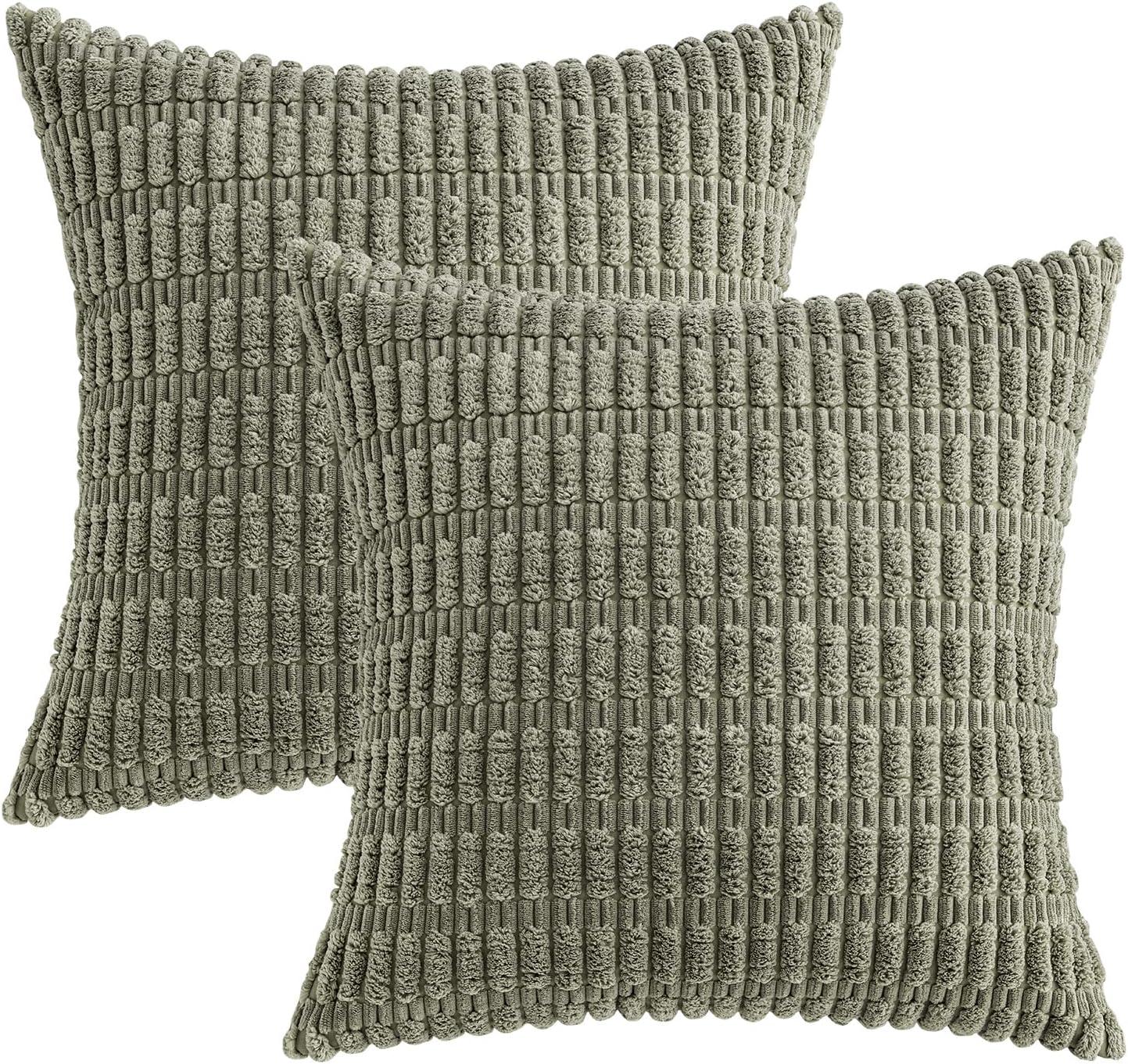 imageMIULEE Pack of 2 Christmas Red Corduroy Decorative Pillow Covers 18x18 Inch Soft Boho Striped Throw Pillow Covers Modern Farmhouse Home Decor for Sofa Living Room Couch BedLight Olive Green