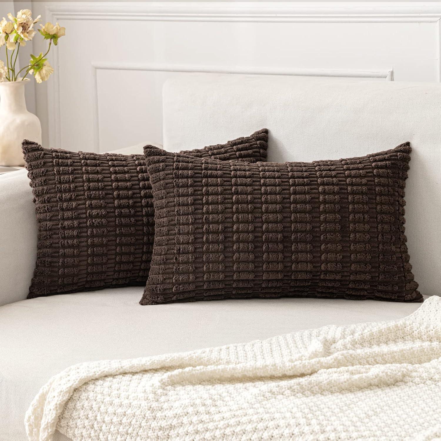 imageMIULEE Pack of 2 Christmas Red Corduroy Decorative Pillow Covers 18x18 Inch Soft Boho Striped Throw Pillow Covers Modern Farmhouse Home Decor for Sofa Living Room Couch BedDark Brown