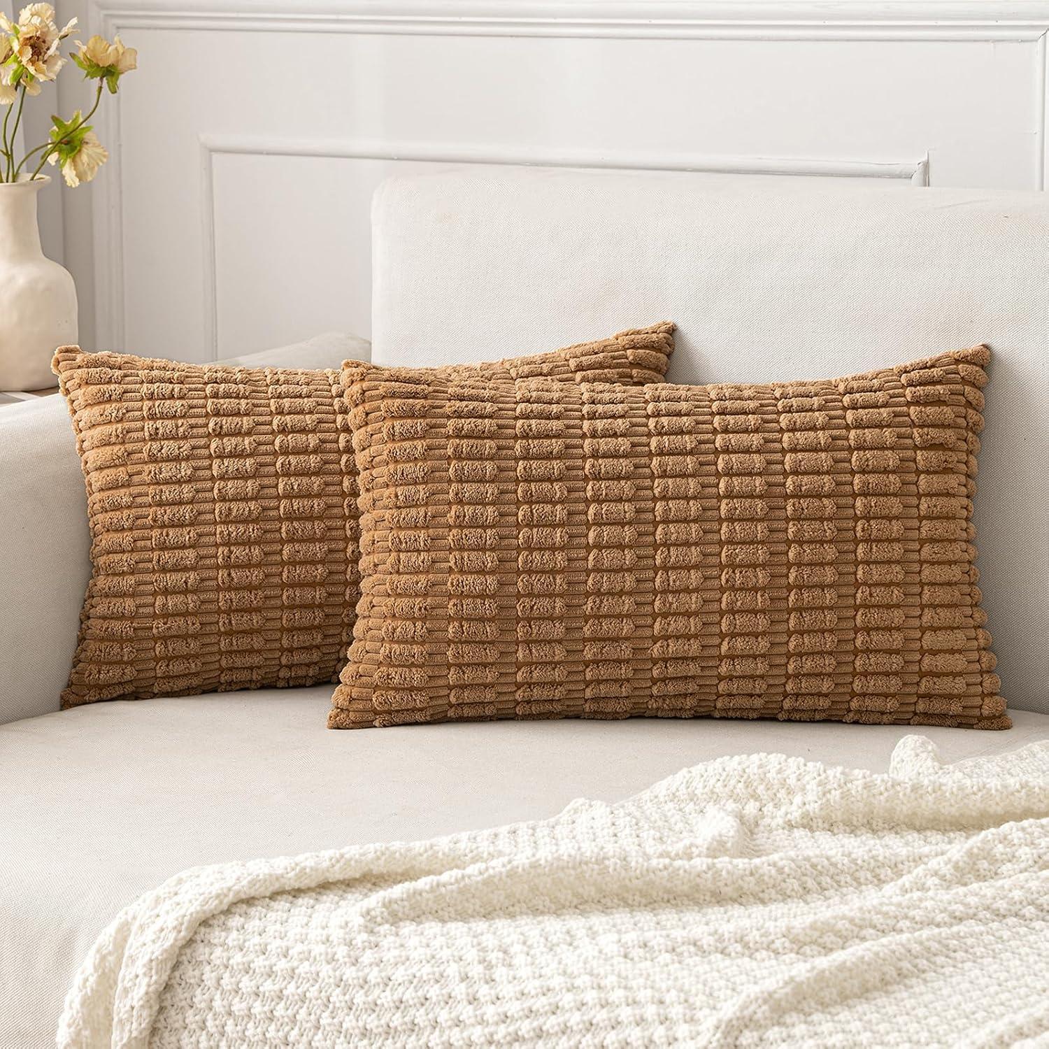 imageMIULEE Pack of 2 Christmas Red Corduroy Decorative Pillow Covers 18x18 Inch Soft Boho Striped Throw Pillow Covers Modern Farmhouse Home Decor for Sofa Living Room Couch BedBrown