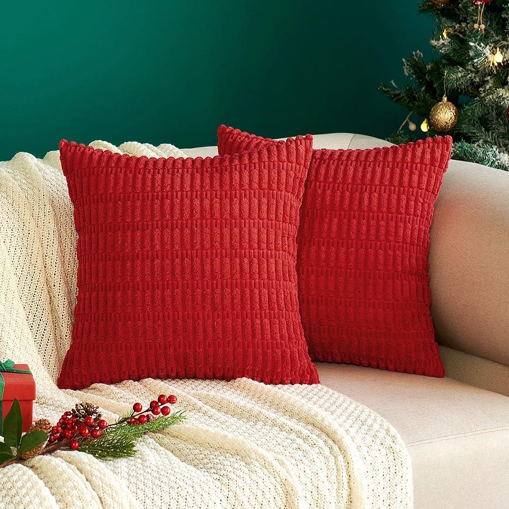 imageMIULEE Pack of 2 Christmas Red Corduroy Decorative Pillow Covers 18x18 Inch Soft Boho Striped Throw Pillow Covers Modern Farmhouse Home Decor for Sofa Living Room Couch BedRed