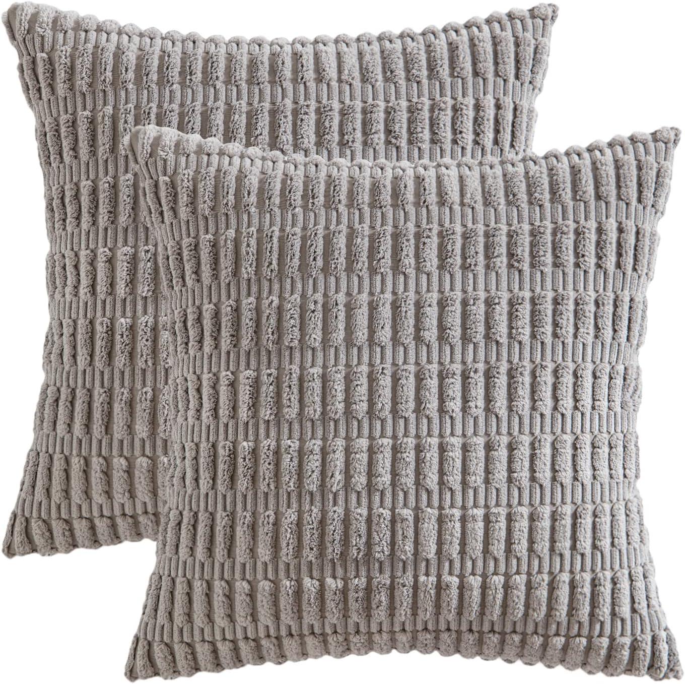 imageMIULEE Pack of 2 Christmas Red Corduroy Decorative Pillow Covers 18x18 Inch Soft Boho Striped Throw Pillow Covers Modern Farmhouse Home Decor for Sofa Living Room Couch BedLight Grey